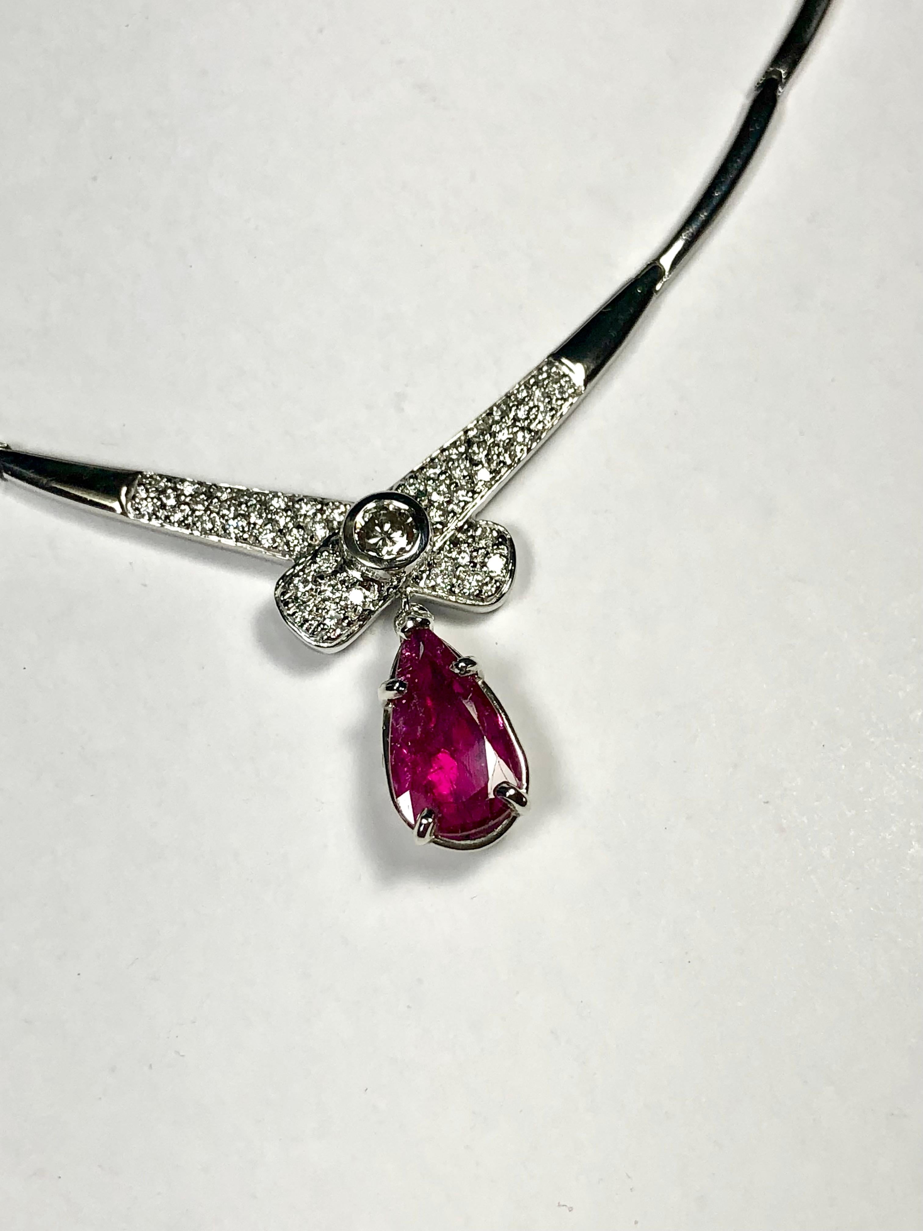 Natural Ruby and Diamond Drop Estate Necklace 14 Karat White Gold For Sale 7