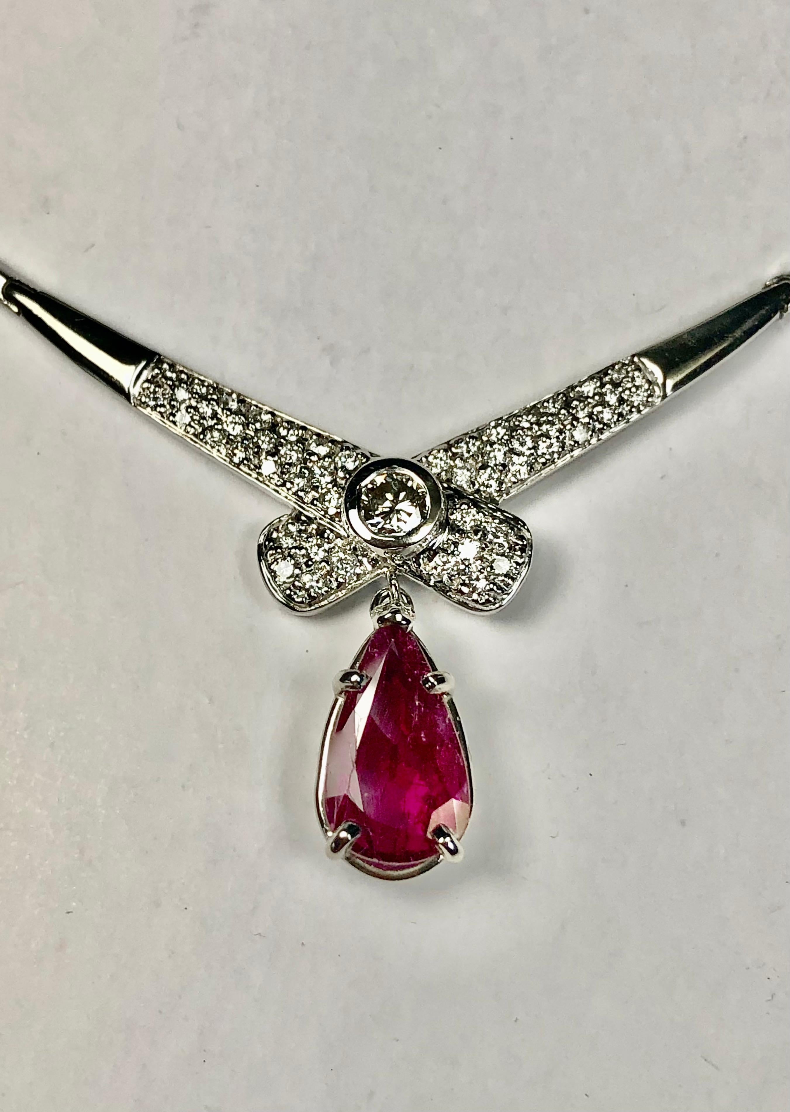 Natural Ruby and Diamond Drop Estate Necklace 14 Karat White Gold For Sale 5
