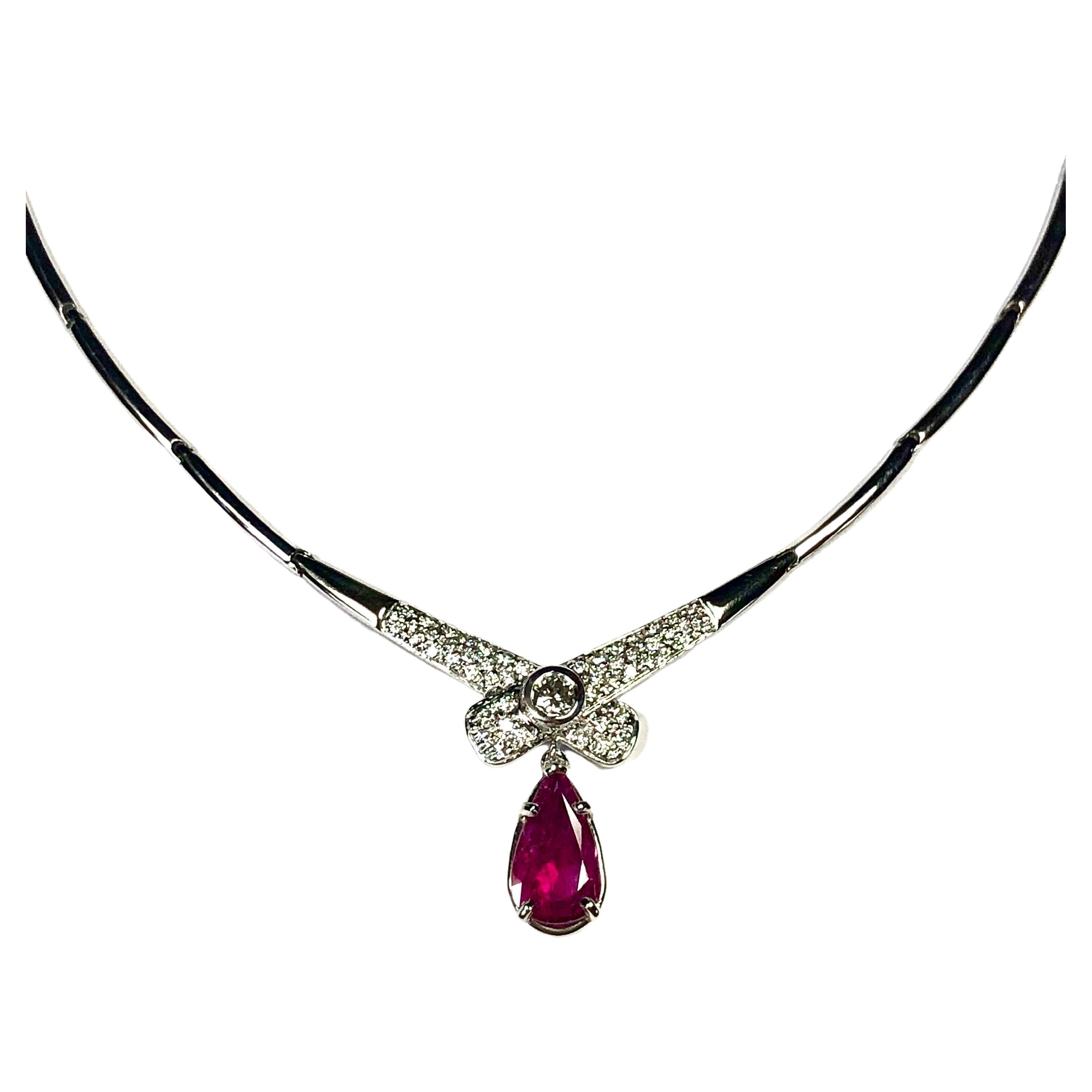 Art Deco Natural Ruby and Diamond Drop Estate Necklace 14 Karat White Gold For Sale