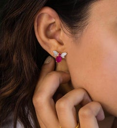 Natural Ruby 2.10ct & Diamond 0.22ct Stud Earrings in 14K Gold, India
