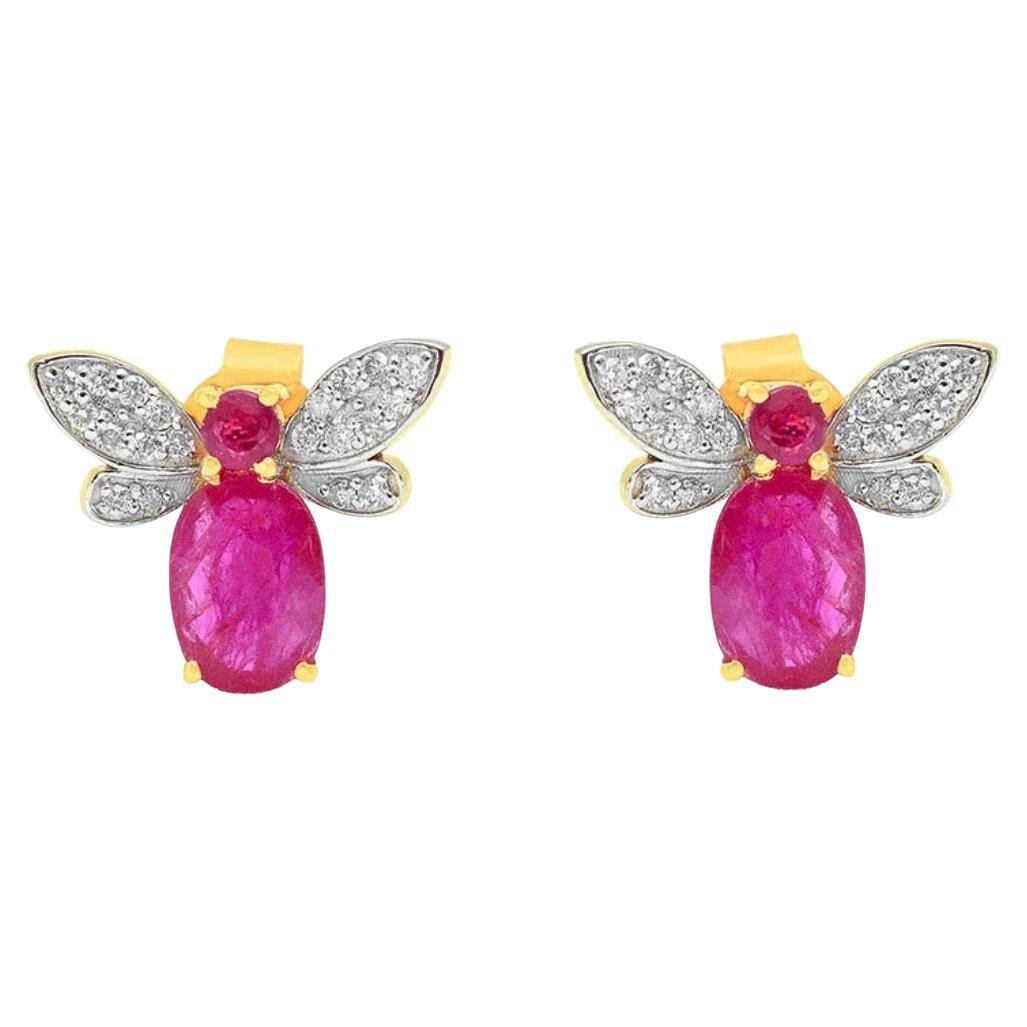 Natural Ruby & Diamond Earring in 14k Gold For Sale