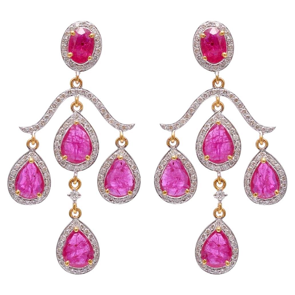 Natural Ruby & Diamond Earring in 14k Gold For Sale