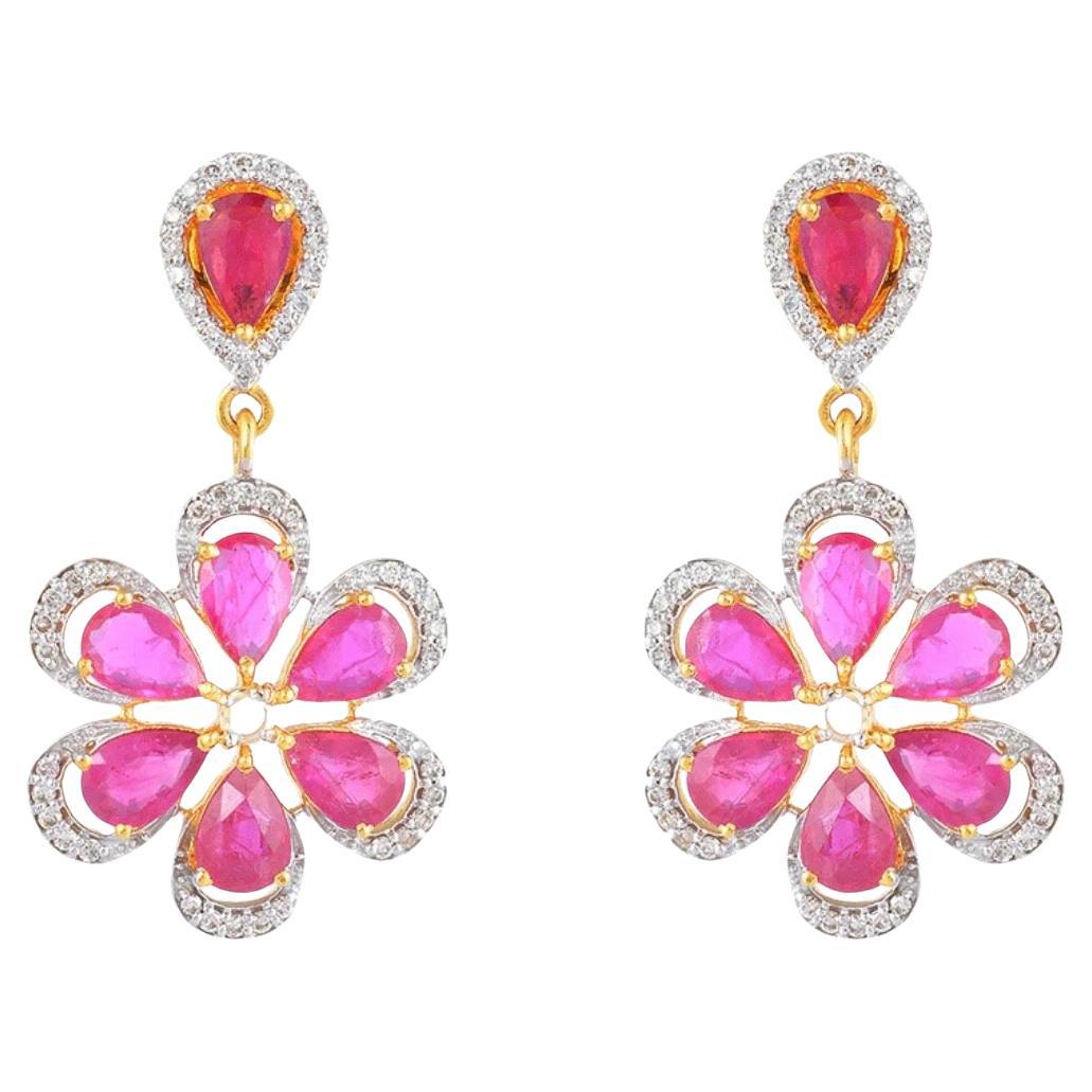 Natural Ruby & Diamond Earring in 14k Gold For Sale