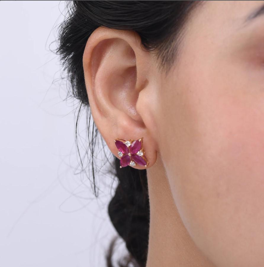 Taille Asscher Boucle d'oreille en or 18k rubis naturel et diamant en vente