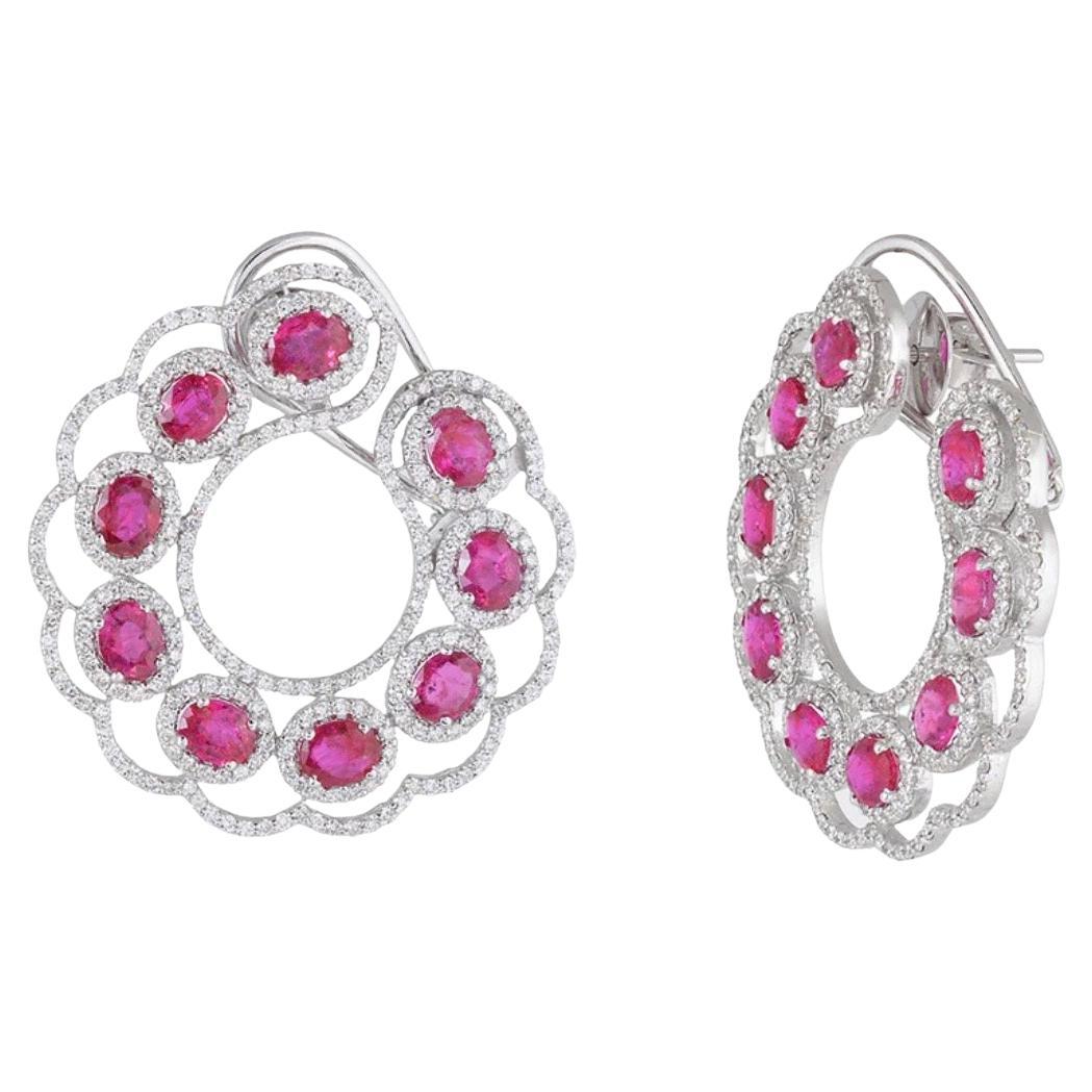 Natural Ruby and Diamond Stud Earrings in 18K Gold, India, 3.25ct For Sale
