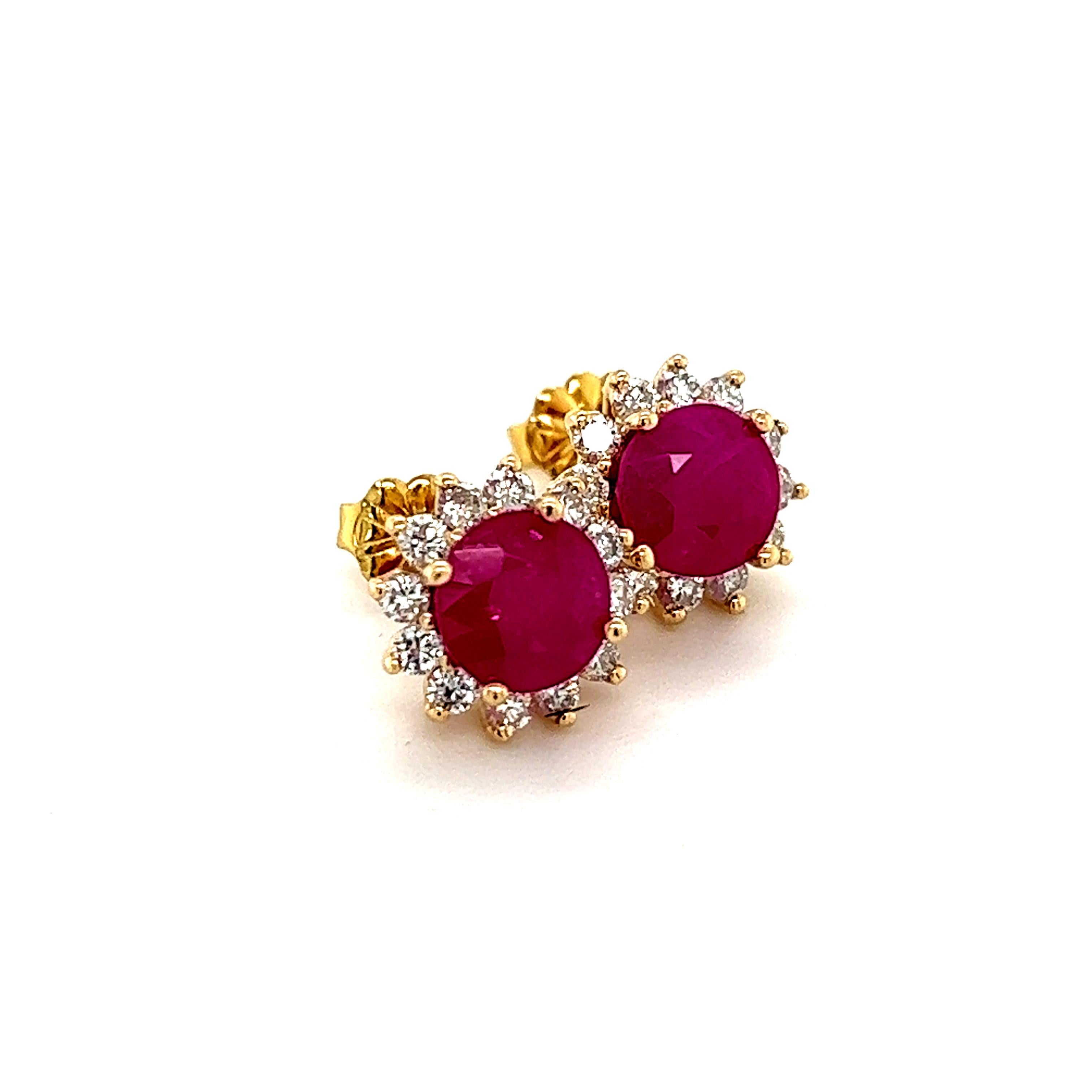 Round Cut Natural Ruby Diamond Earrings 14k Gold 3.72 TCW Certified For Sale
