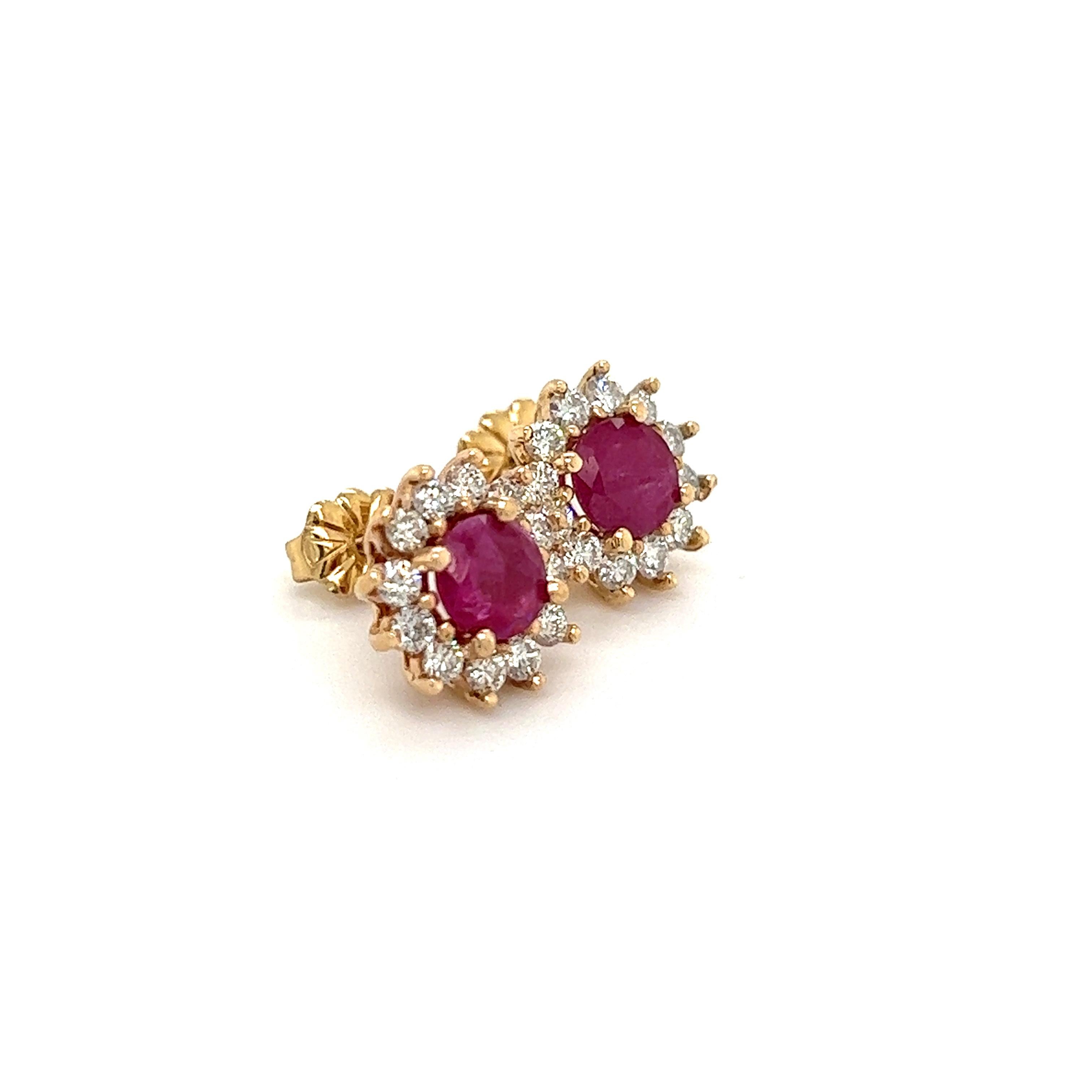 Round Cut Natural Ruby Diamond Earrings 14k Yellow Gold 2.20 TCW Certified For Sale