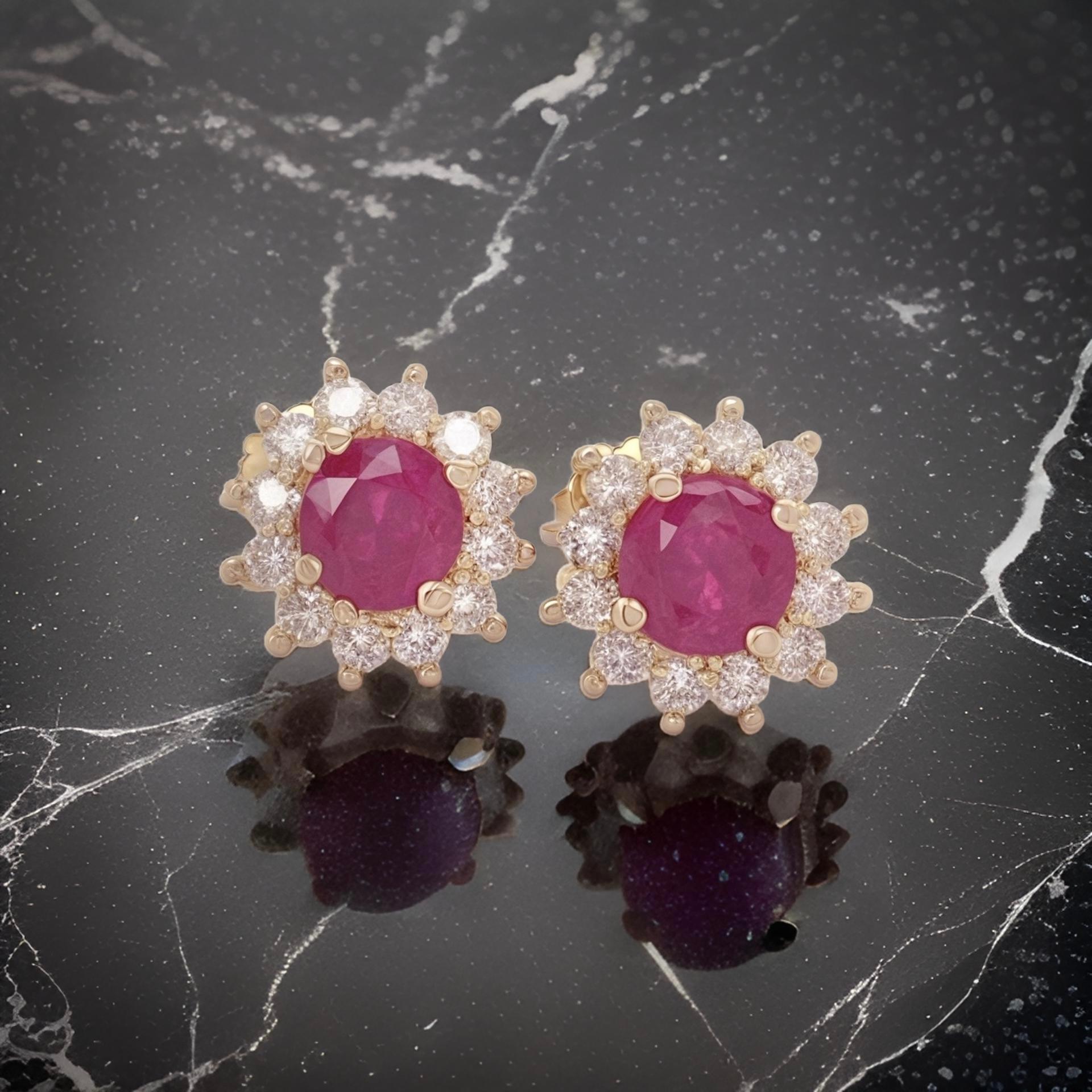 Round Cut Natural Ruby Diamond Earrings 14k Yellow Gold 2.20 TCW Certified For Sale