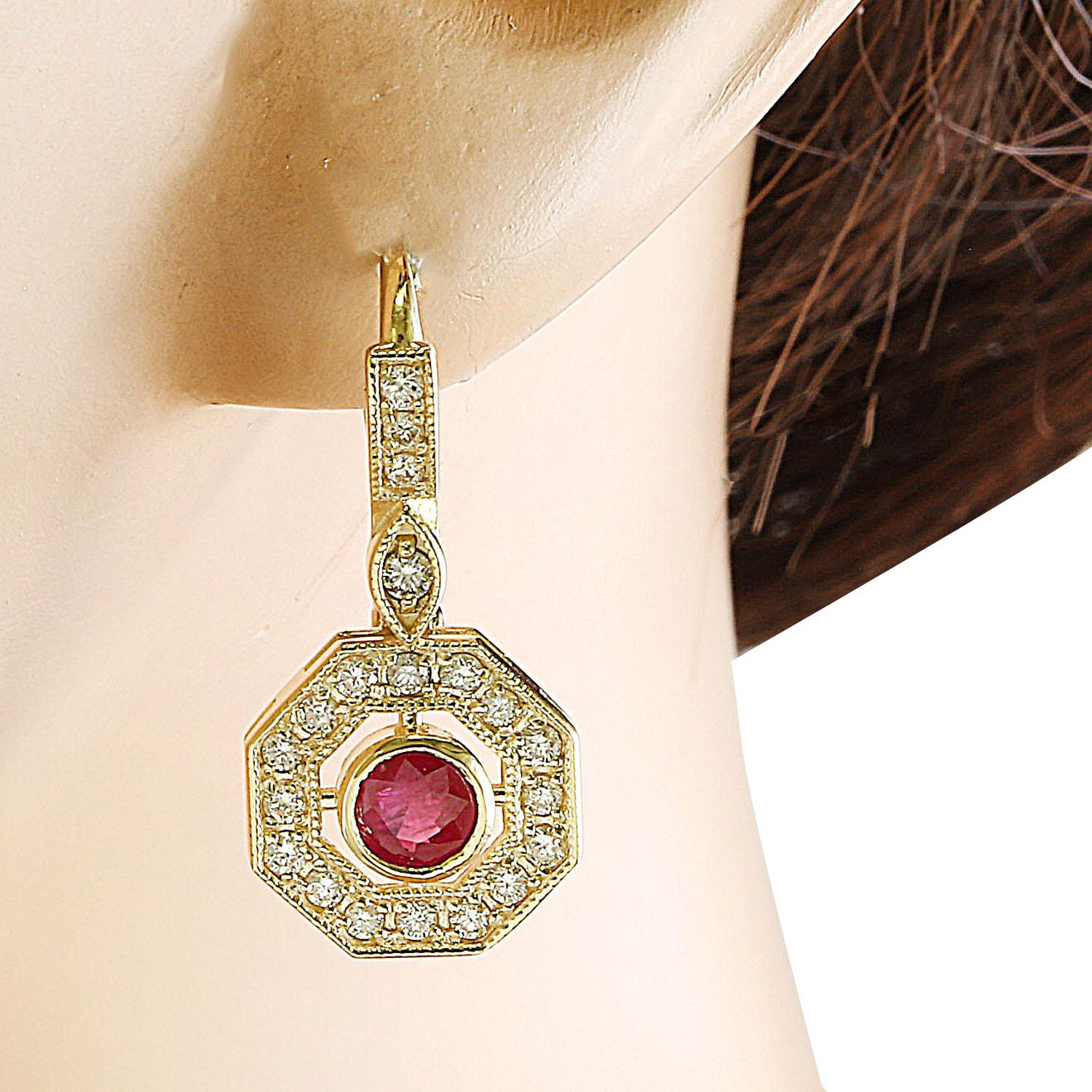 Round Cut Natural Ruby Diamond Earrings in 14 Karat Solid Yellow Gold  For Sale