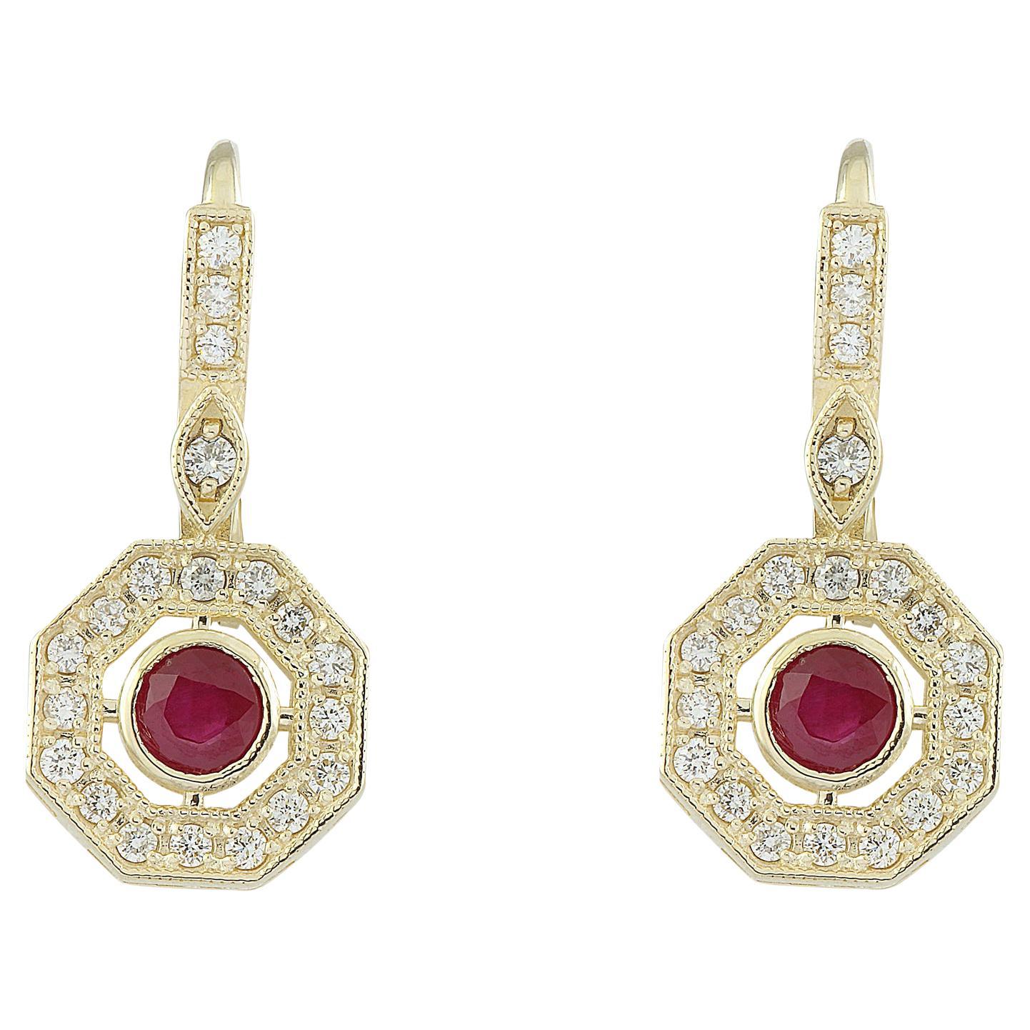 Natural Ruby Diamond Earrings in 14 Karat Solid Yellow Gold  For Sale