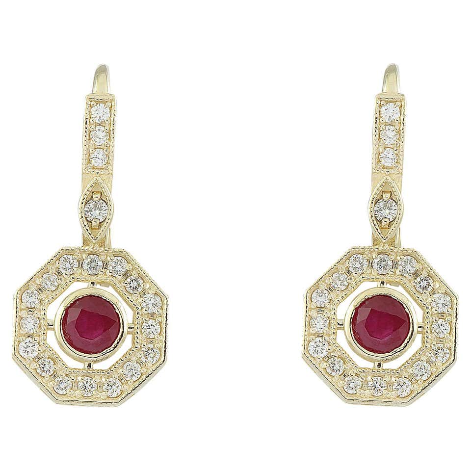 Natural Ruby Diamond Earrings in 14 Karat Solid Yellow Gold For Sale at ...