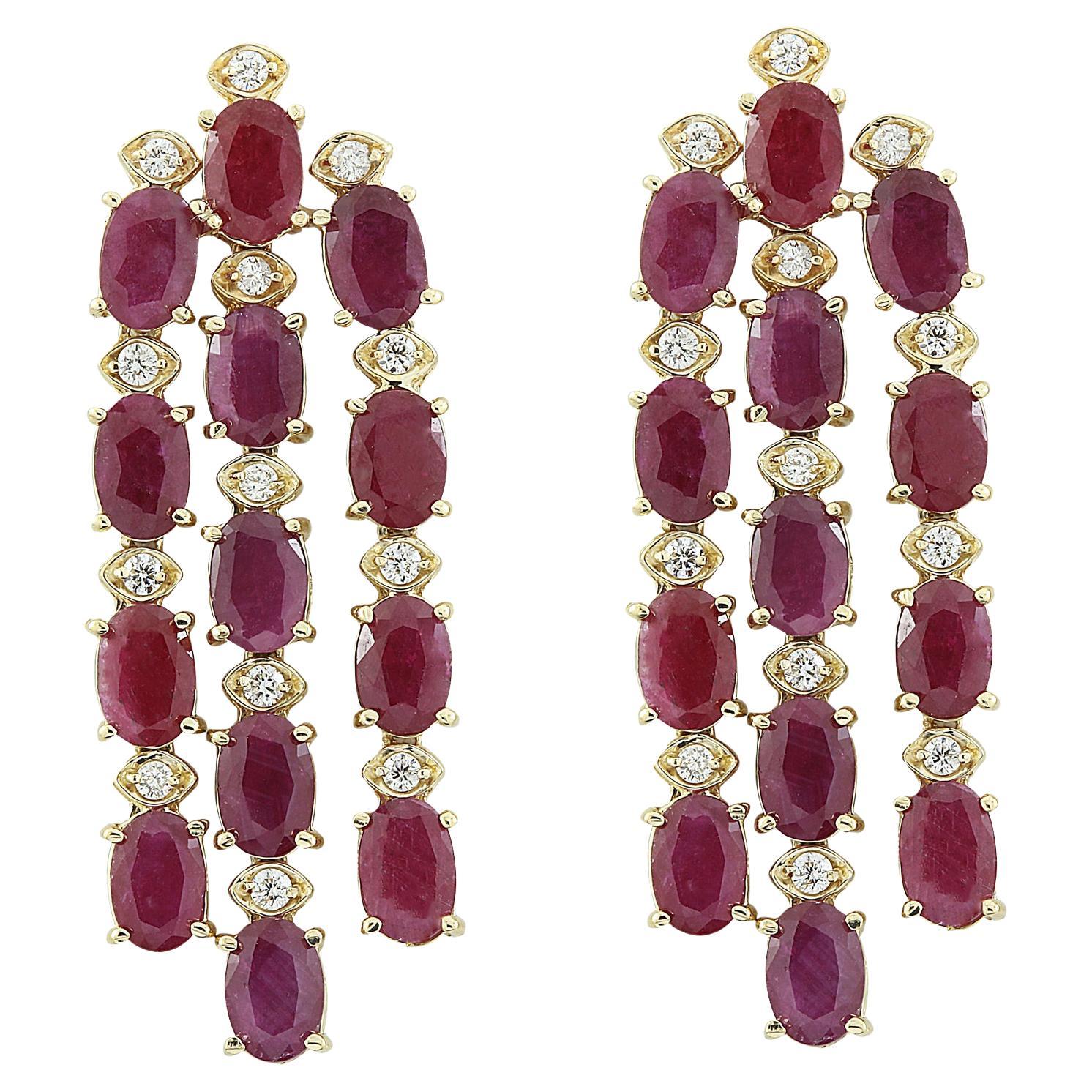 Natural Ruby Diamond Earrings in 14 Karat Solid Yellow Gold  For Sale