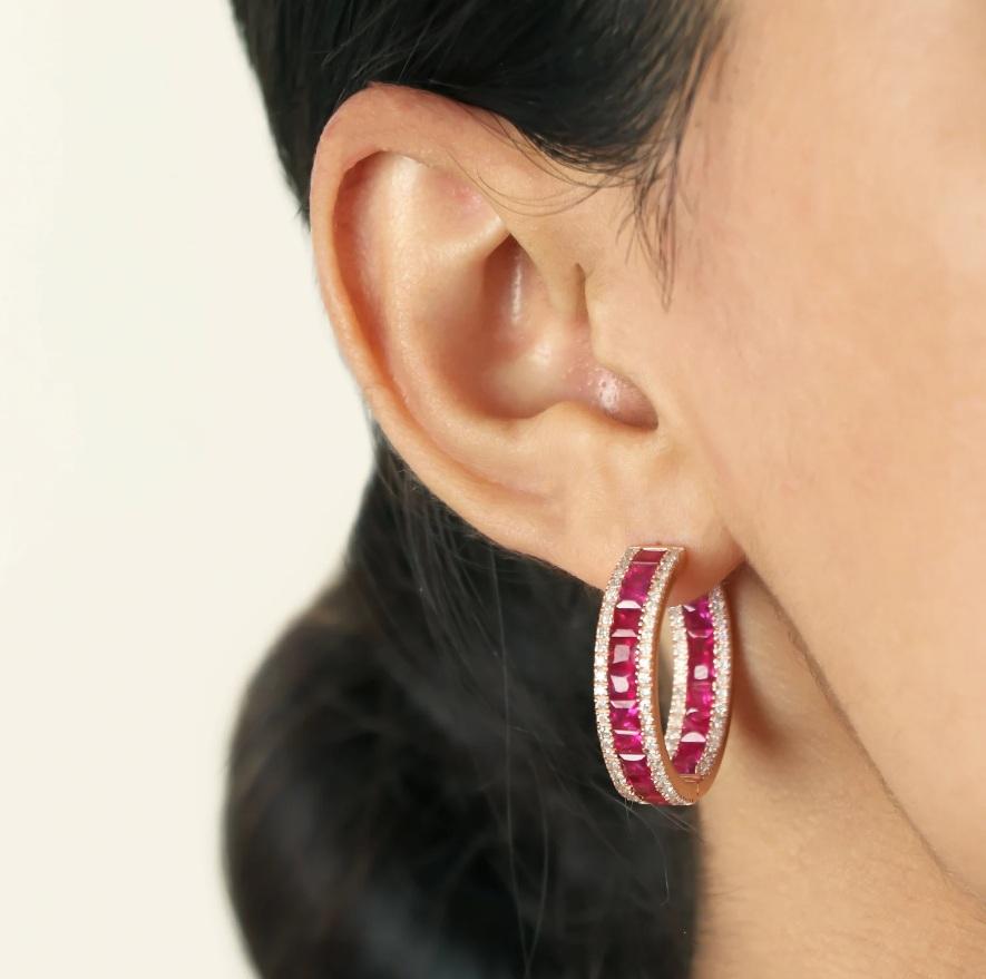 Orecchini con rubino naturale e diamante in oro 14k in vendita 2