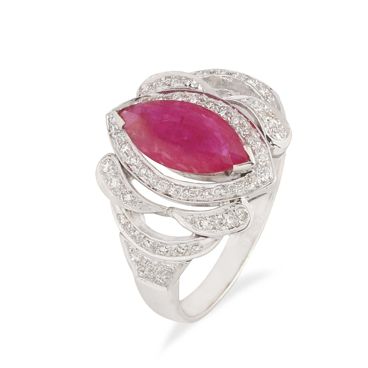 A stunning brilliant cut diamond with ruby gemstone ring featuring 18k white gold and  marquise shape ruby gemstone  in center to make you stand out of crowd.  

Specifications

Dimensions: Width: 1.2 cm
Gross Weight: 5.900 gms
Gold Weight: 5.580