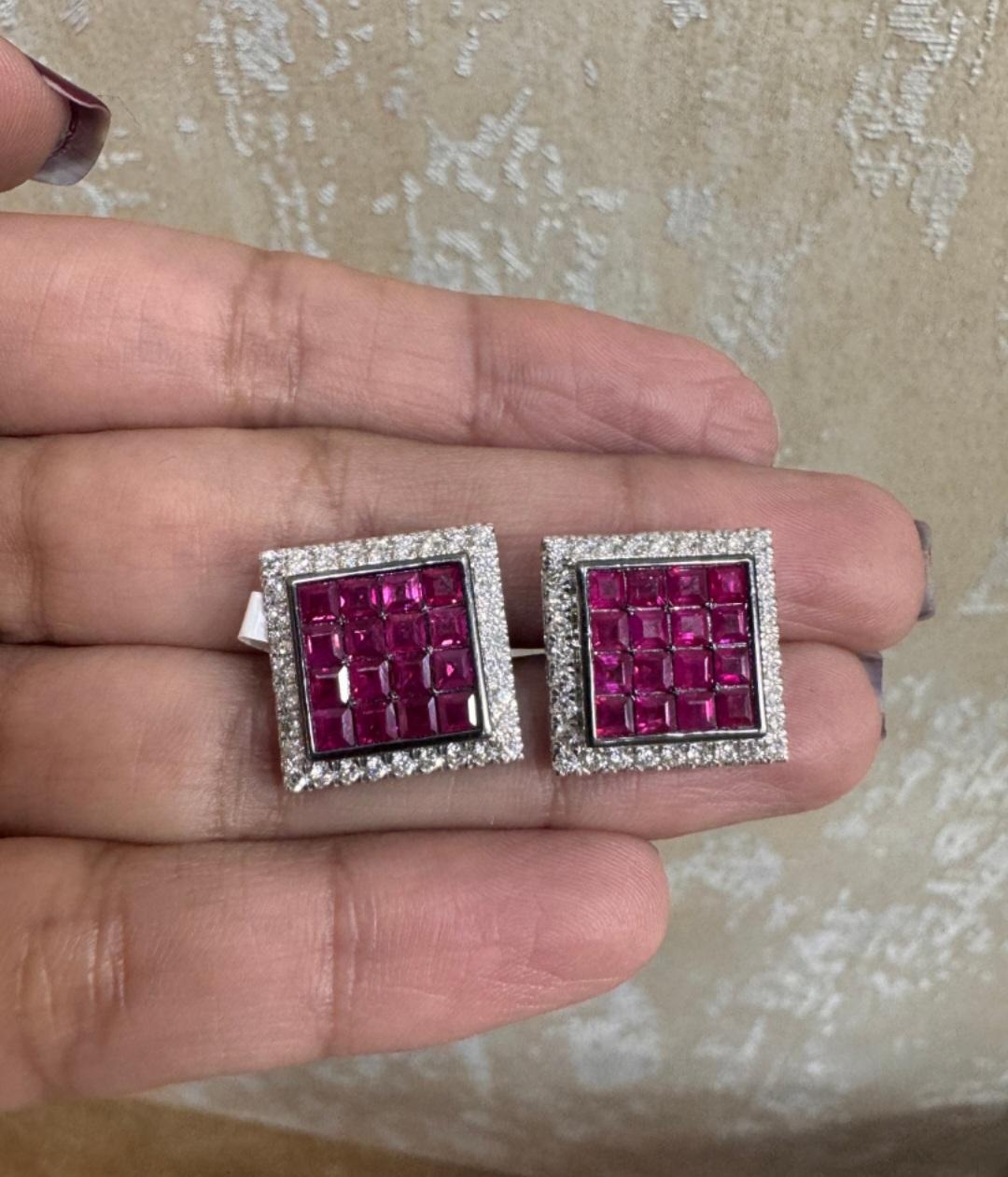 Women's or Men's Natural ruby diamond earrings in 18k gold