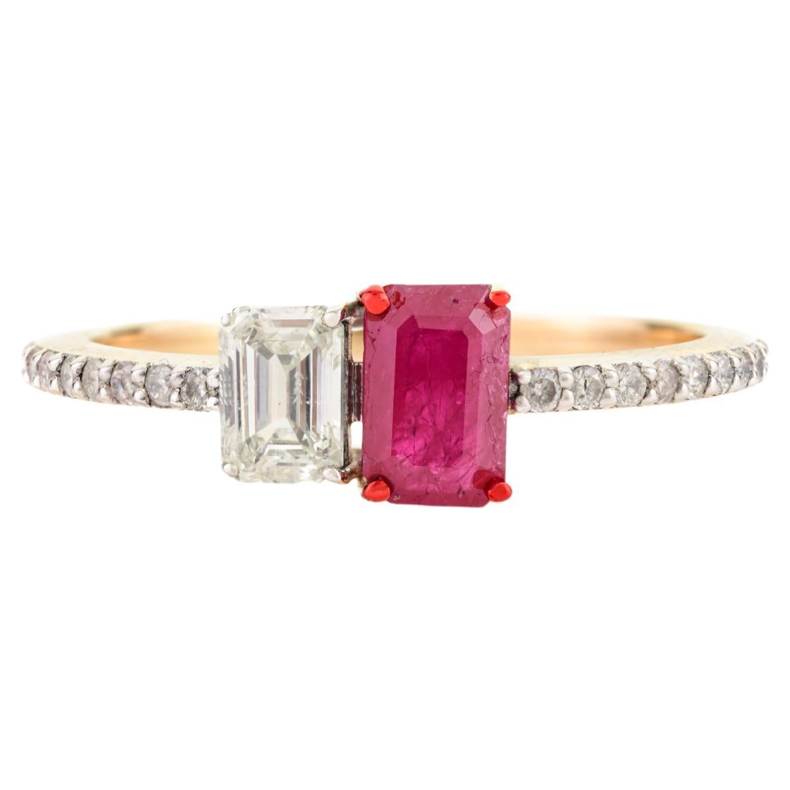 Natural  Ruby Diamond Enamel Ring Gift for Her Crafted in 14k Solid Yellow Gold