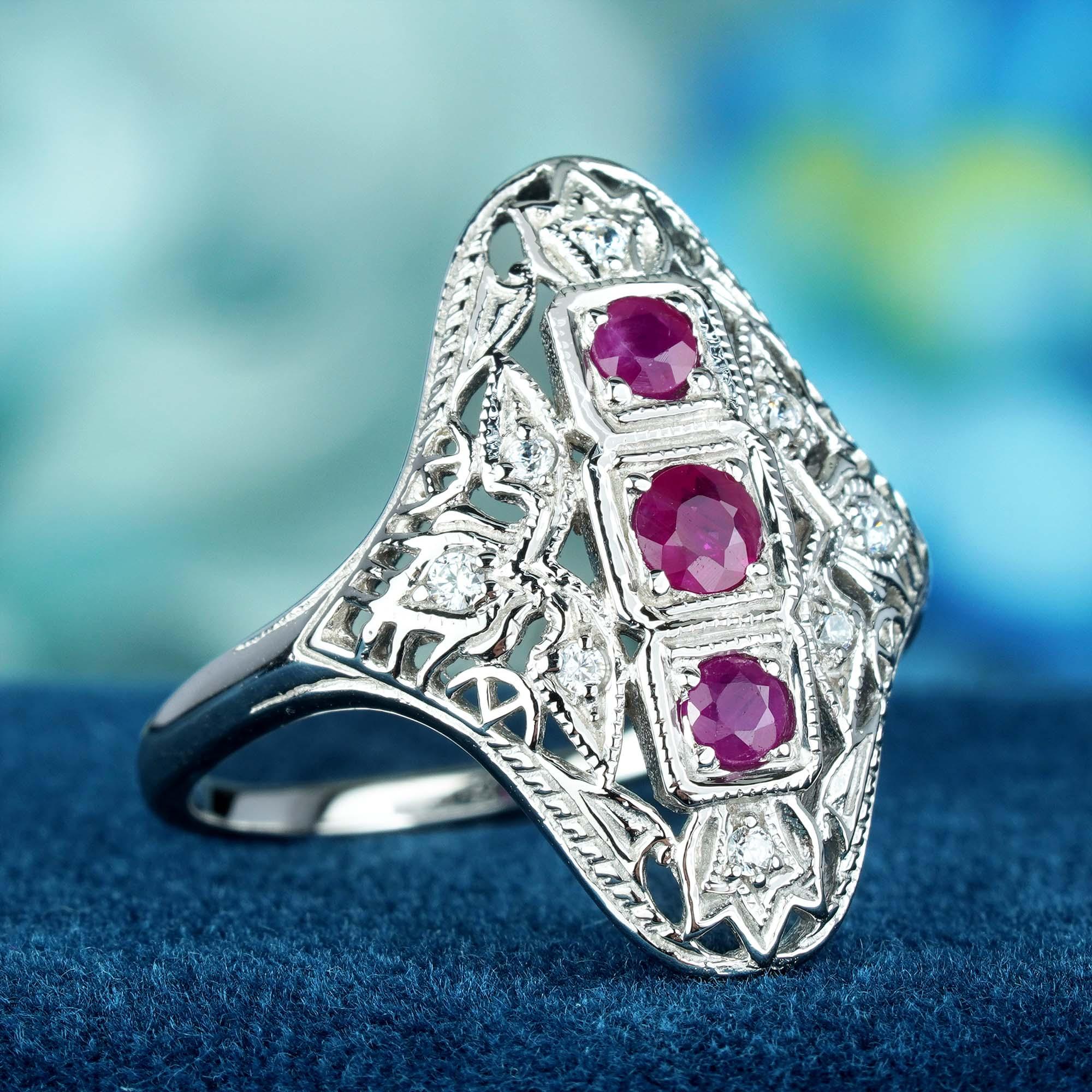 Edwardian Natural Ruby Diamond Filigree Three Stone Ring in Solid 9K White Gold For Sale