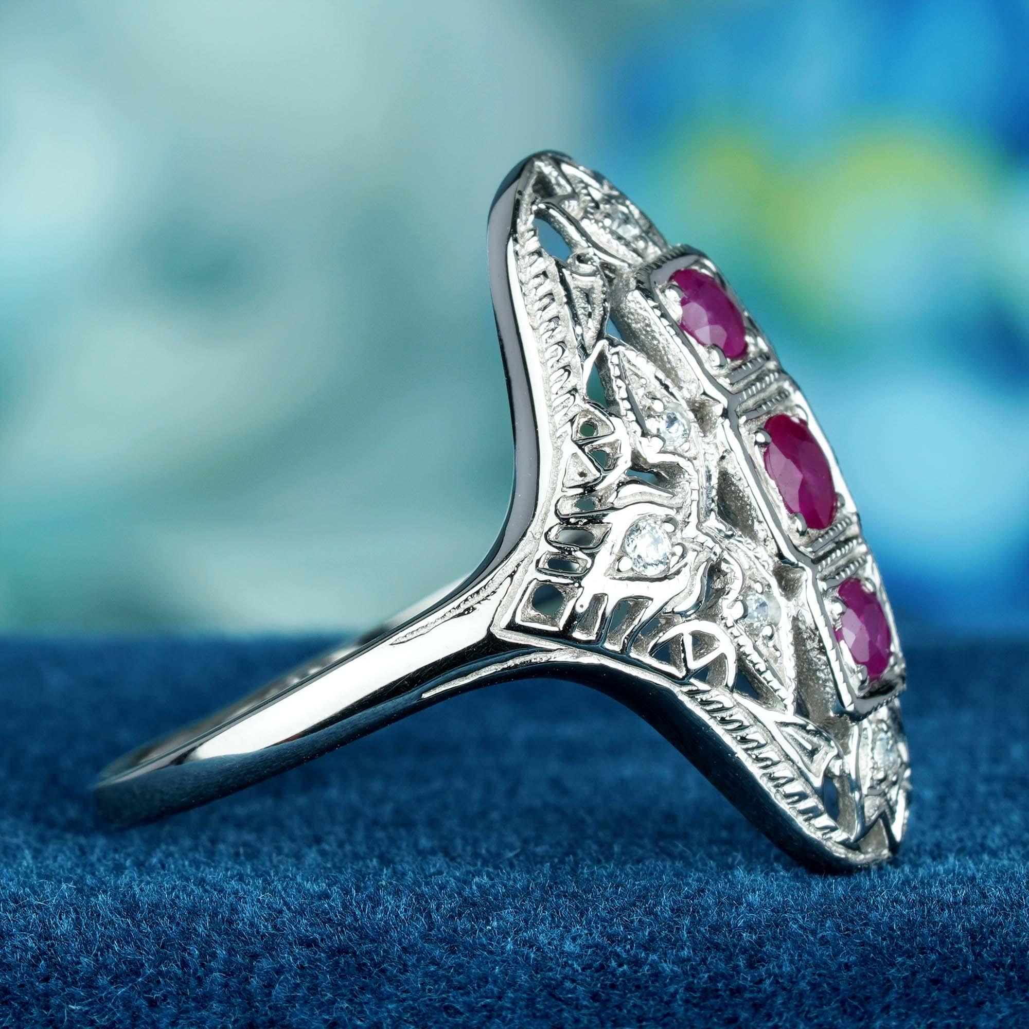 Round Cut Natural Ruby Diamond Filigree Three Stone Ring in Solid 9K White Gold For Sale