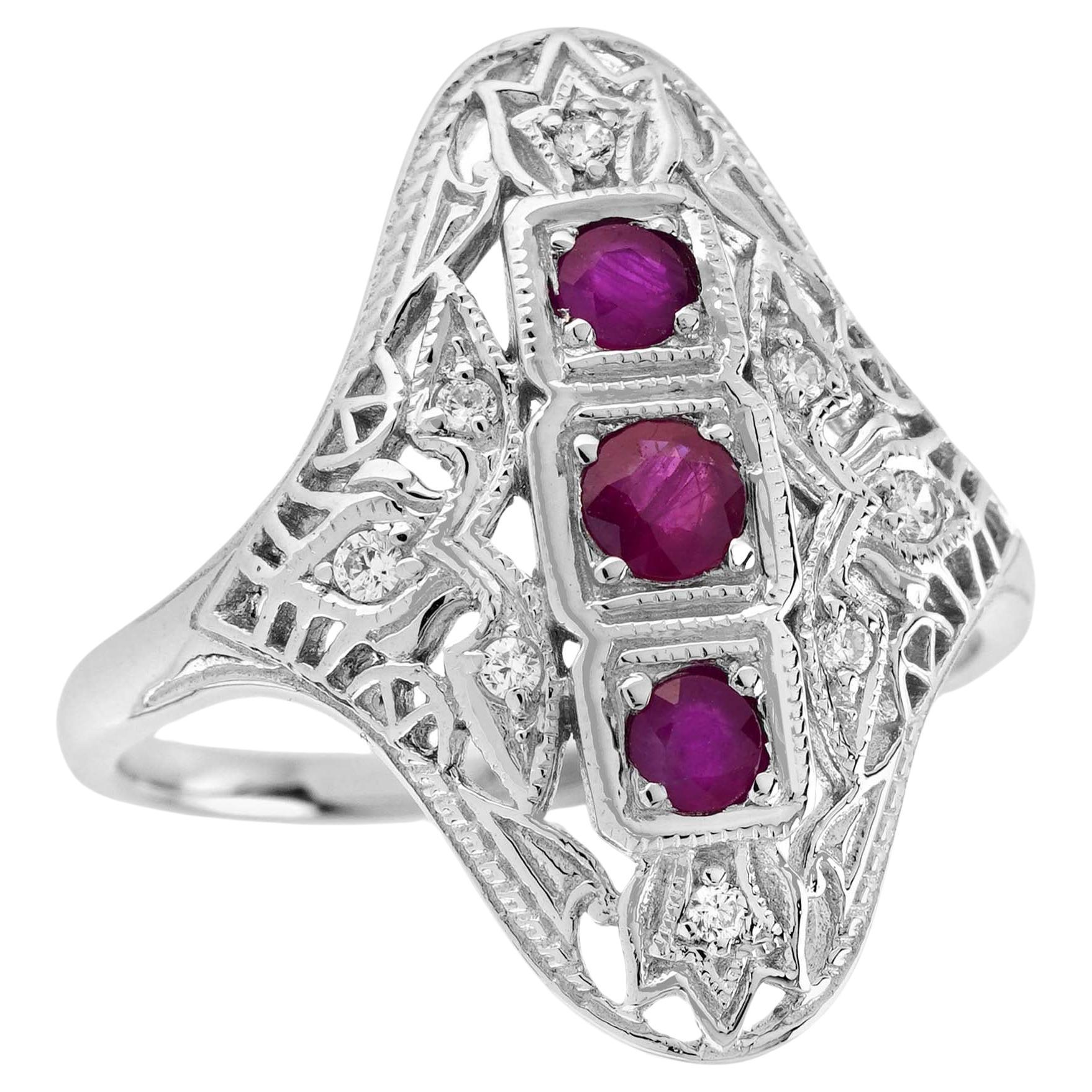 Natural Ruby Diamond Filigree Three Stone Ring in Solid 9K White Gold For Sale