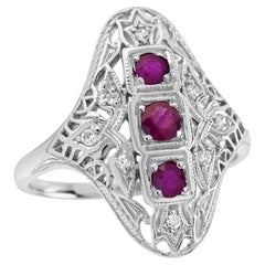 Natural Ruby Diamond Filigree Three Stone Ring in Solid 9K White Gold