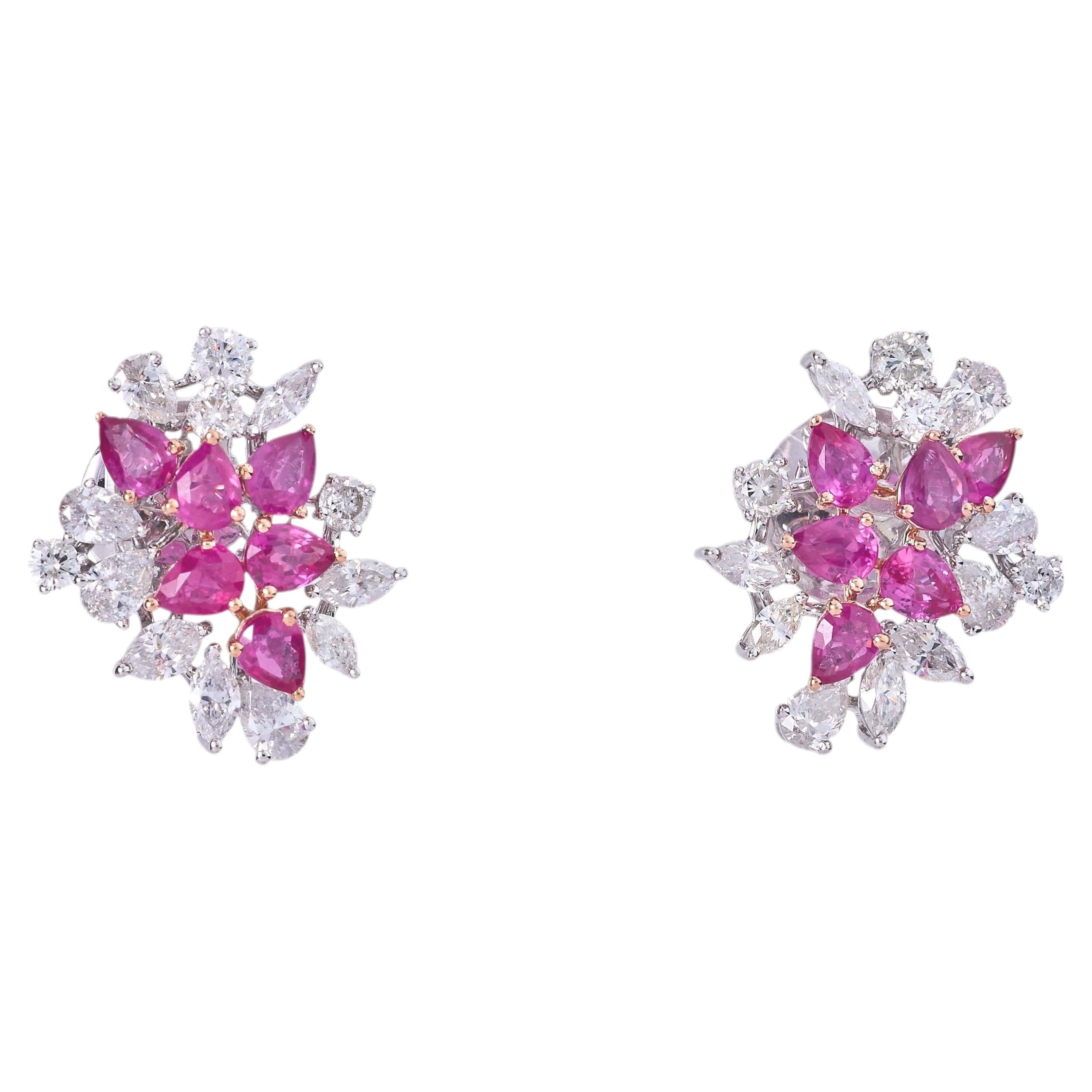 Natural Ruby Diamond Floral Cluster Stud Earrings in 14K Solid Gold (Certified) For Sale