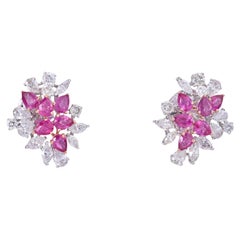 Natürliche Rubin-Diamant-Cluster-Ohrstecker aus 14 Karat massivem Gold (zertifiziert)