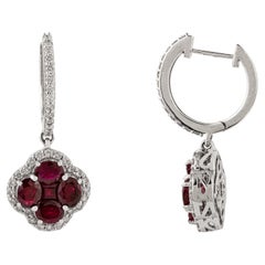 Natural Ruby & Diamond Floral Drop Huggie Earrings in 18K White Gold 3.94 Carats