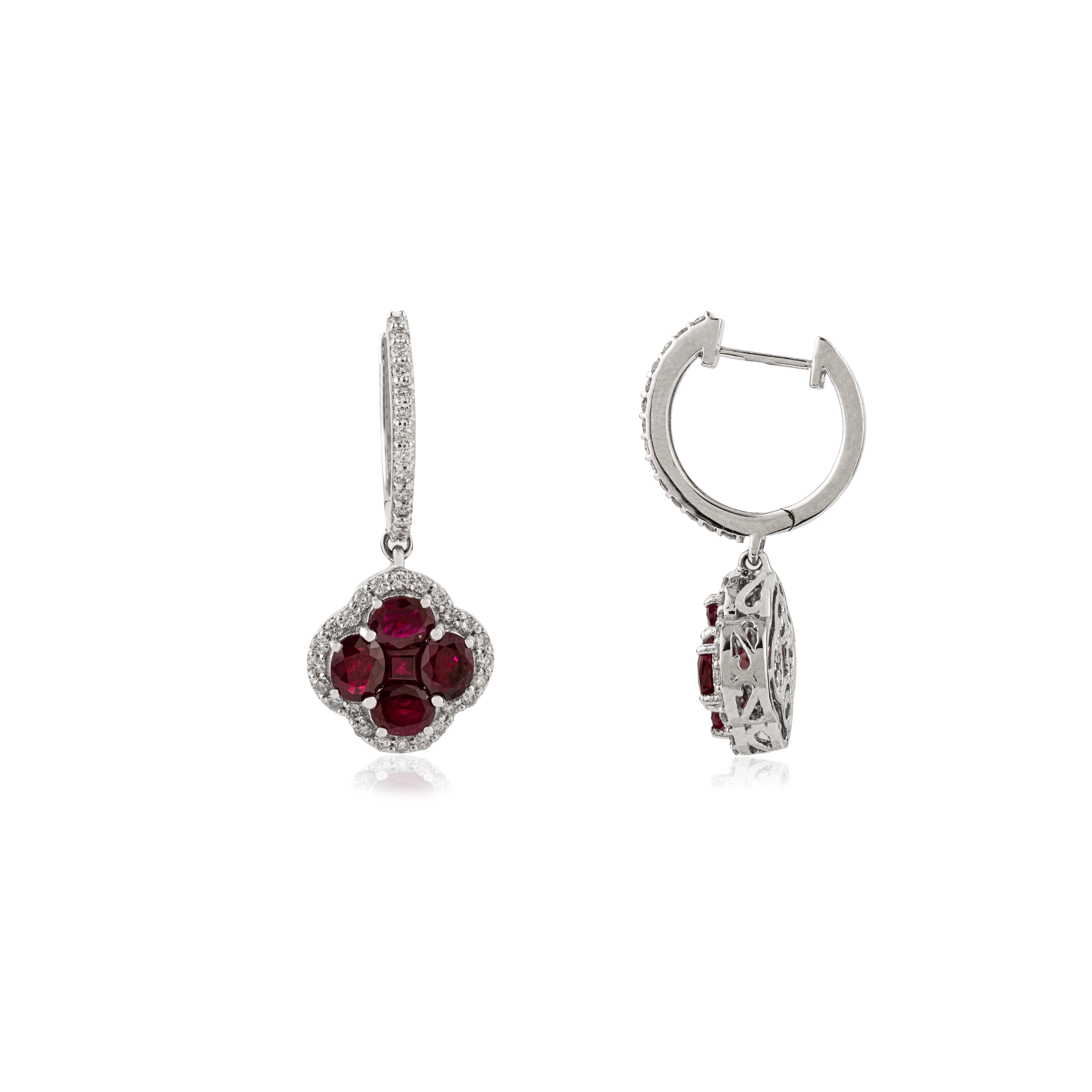 Natural Ruby 
Diamond Floral Drop Huggie Earrings in 18K White Gold 3.94 Carats For Sale