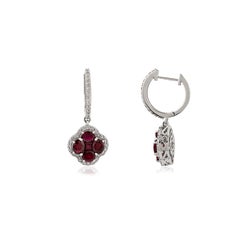 Natural Ruby 
Diamond Floral Drop Huggie Earrings in 18K White Gold 3.94 Carats