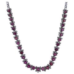 Natural Ruby Diamond Floral Motif 18 Karat White Gold Link Necklace