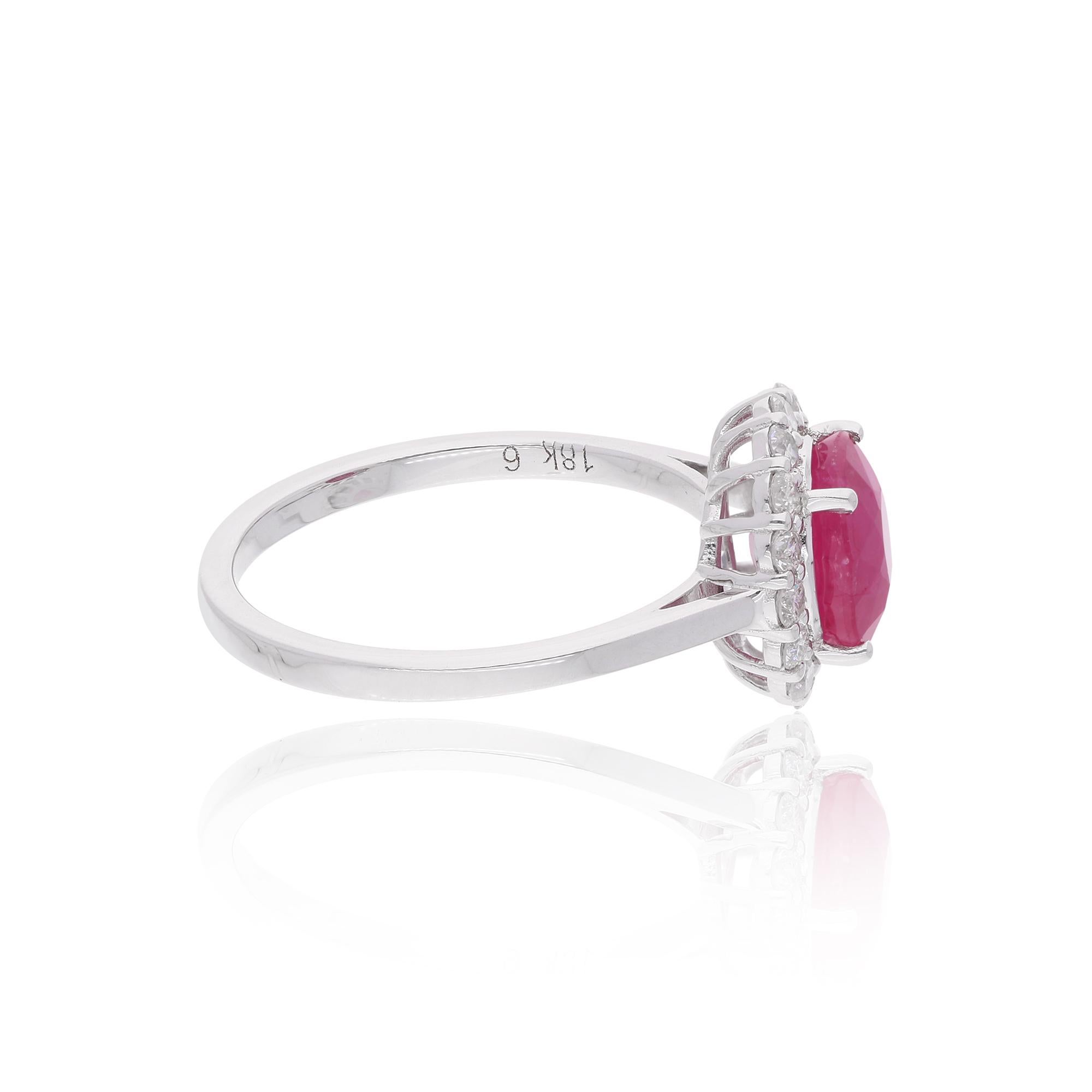 Modern Natural Ruby Diamond Halo Engagement Ring 14 Karat White Gold Handmade Jewelry For Sale