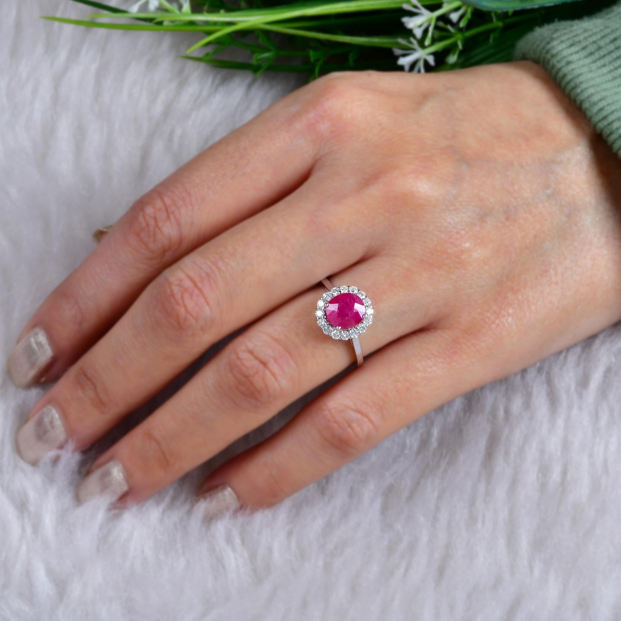 Women's Natural Ruby Diamond Halo Engagement Ring 14 Karat White Gold Handmade Jewelry For Sale