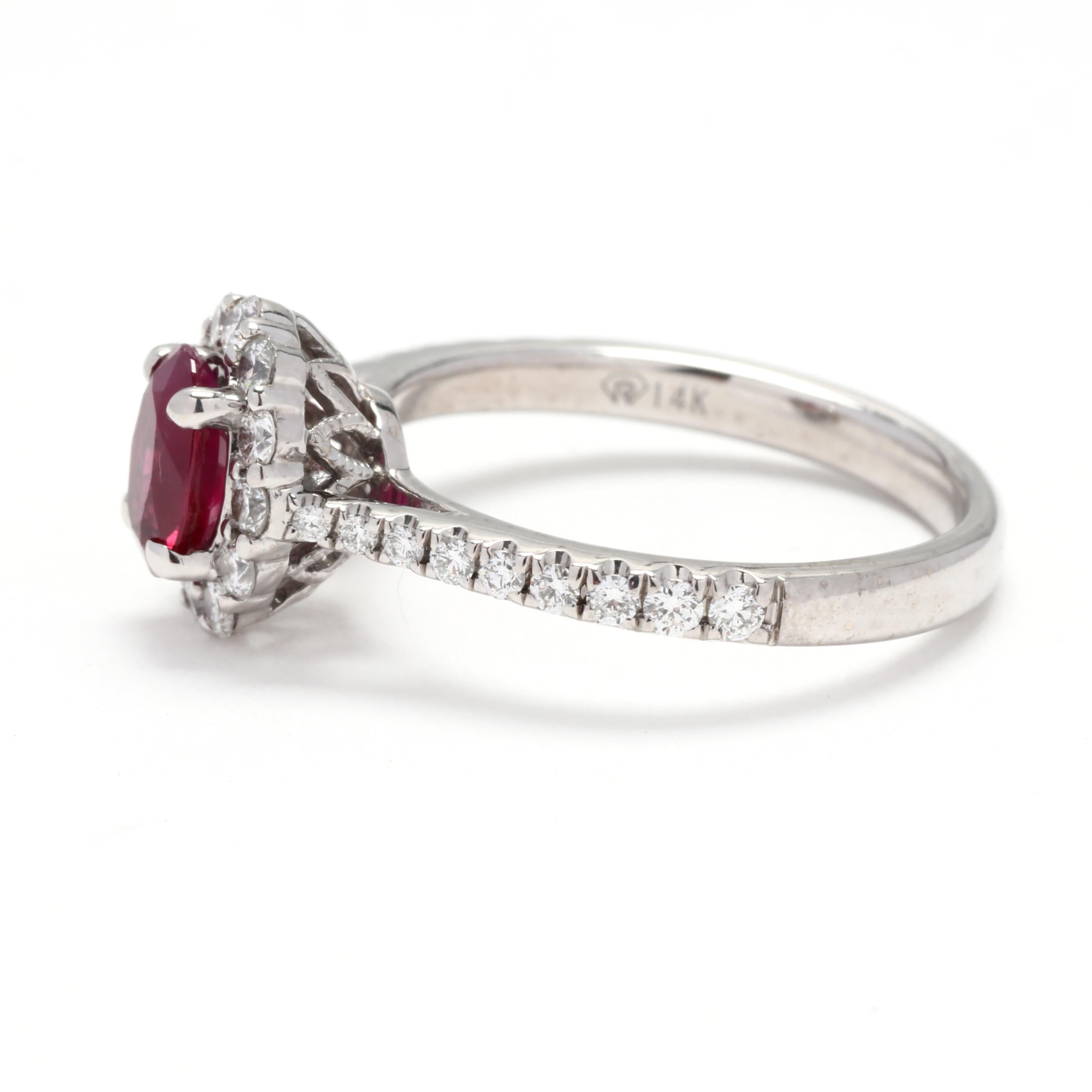 Natural Ruby Diamond Halo Engagement Ring, 14KT White Gold, Ring In Good Condition For Sale In McLeansville, NC