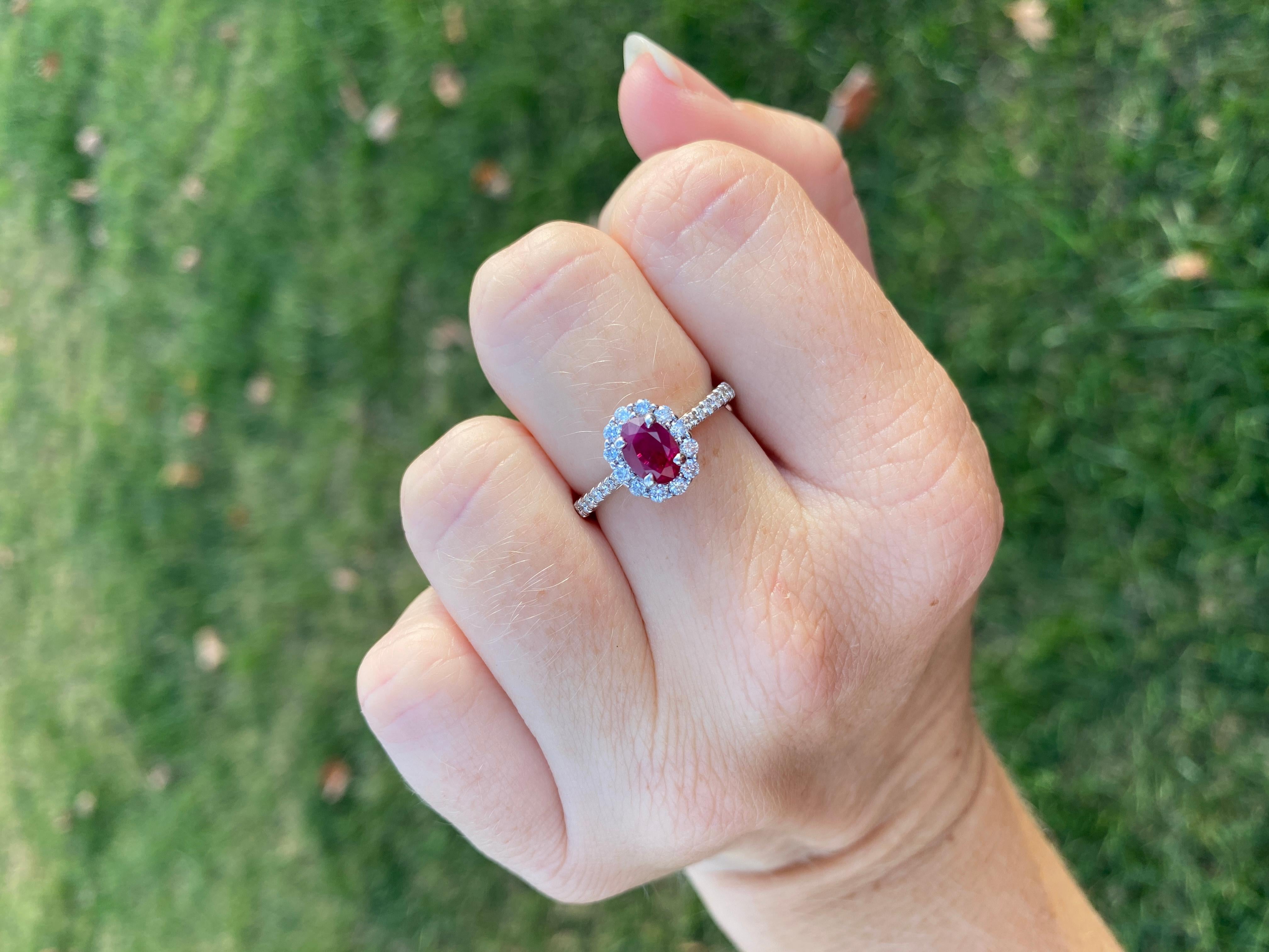 Natural Ruby Diamond Halo Engagement Ring, 14KT White Gold, Ring In Good Condition For Sale In McLeansville, NC