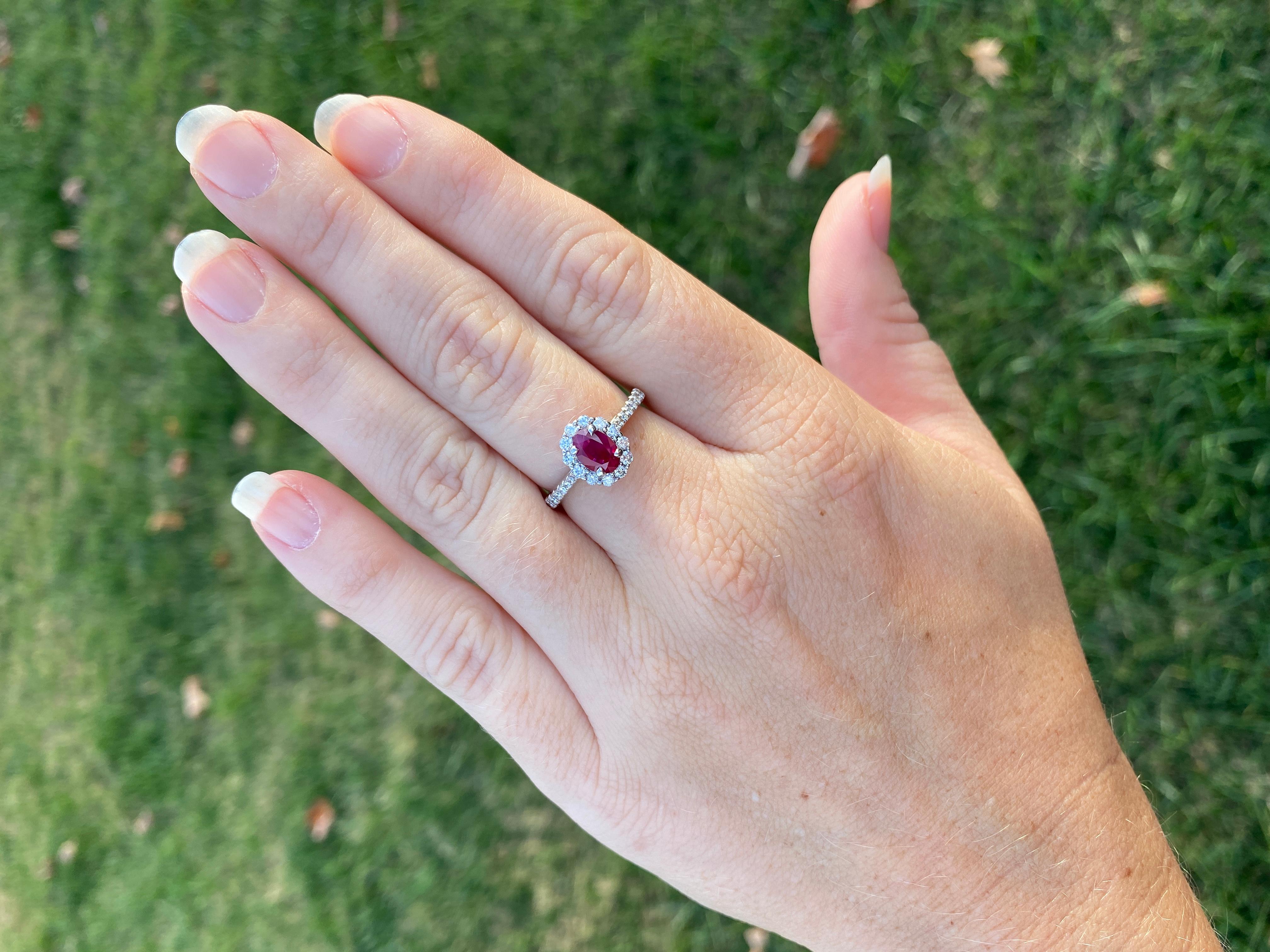 Women's or Men's Natural Ruby Diamond Halo Engagement Ring, 14KT White Gold, Ring For Sale