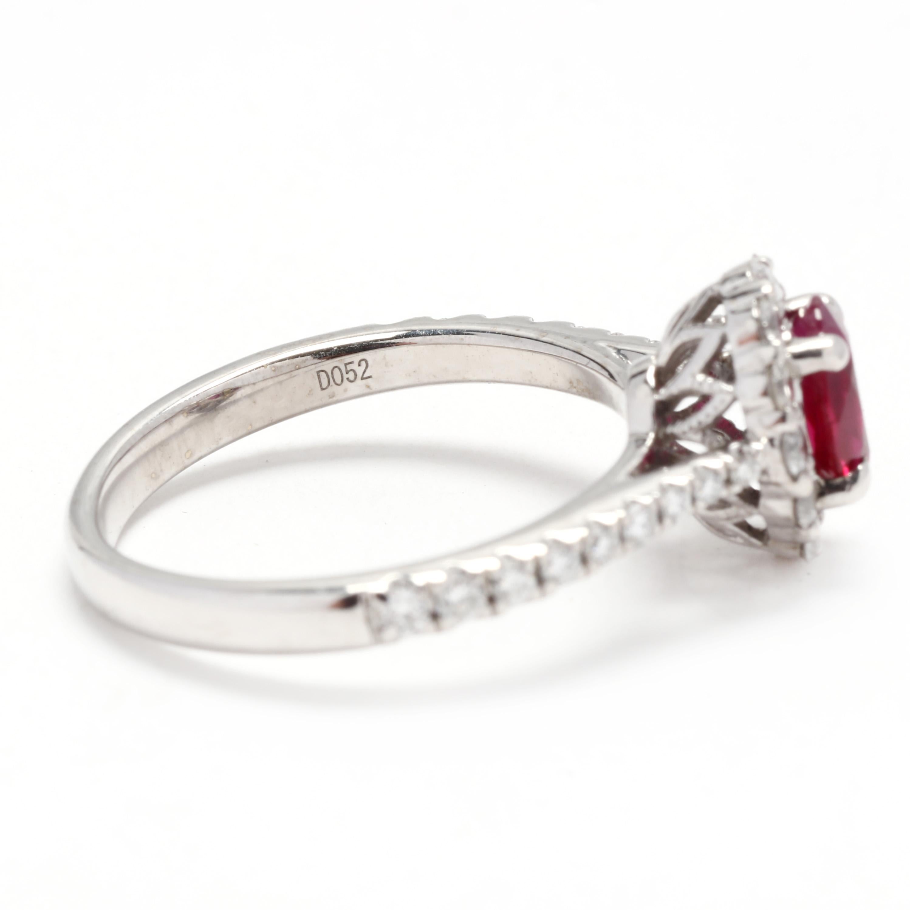 Brilliant Cut Natural Ruby Diamond Halo Engagement Ring, 14KT White Gold, Ring
