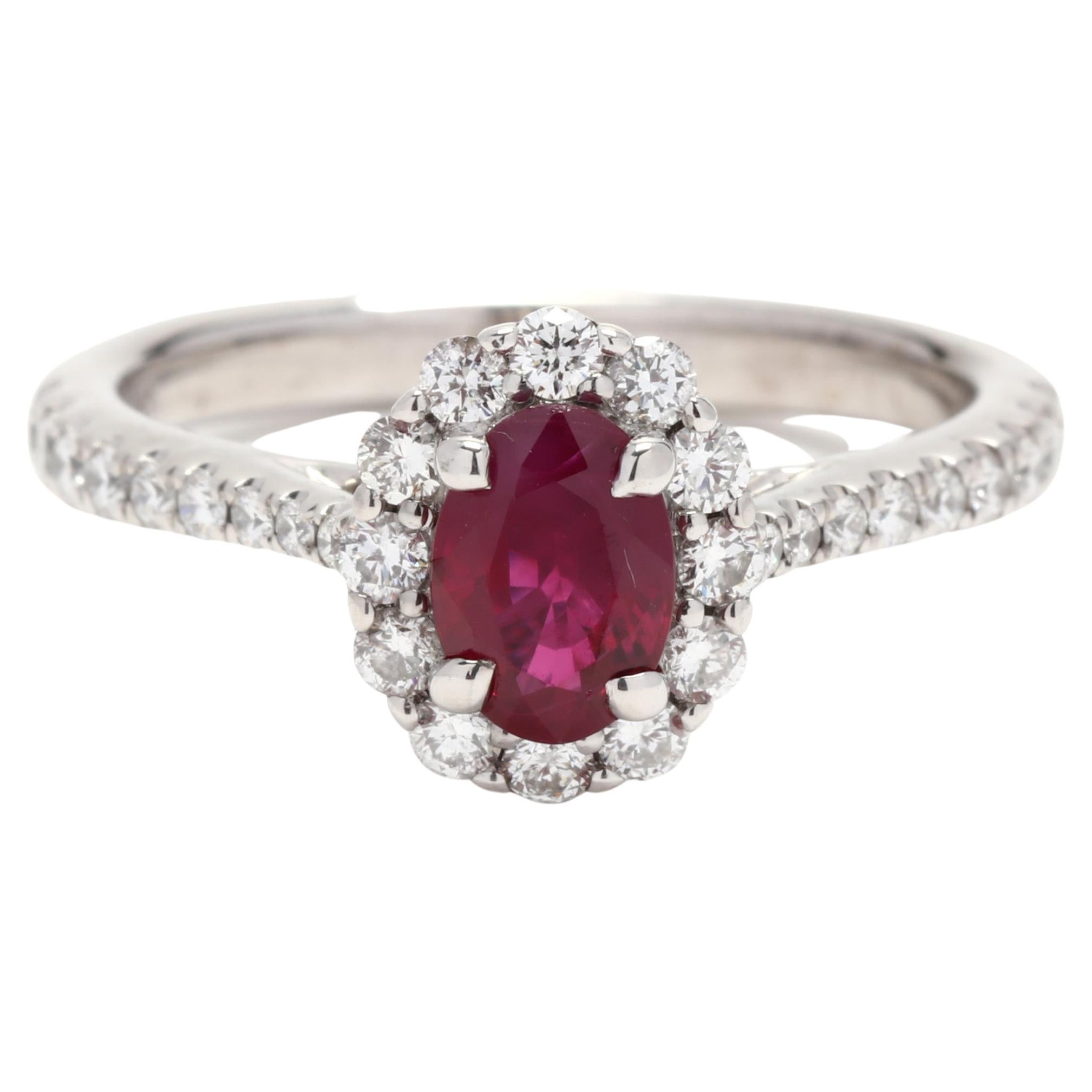 Natural Ruby Diamond Halo Engagement Ring, 14KT White Gold, Ring For Sale