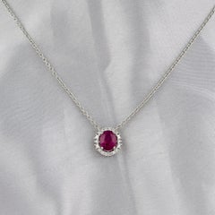 Natural Ruby Diamond Halo Pendant Necklace 18K White Gold Handmade Jewelry
