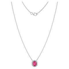 Natural Ruby Diamond Halo Pendant Necklace 18K White Gold Handmade Jewelry