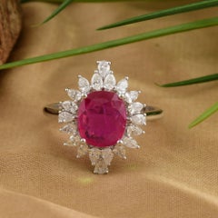 Anillo con halo de diamantes y rubí natural, rubí de 1,79 ct, oro blanco de 18 quilates, joyería de alta gama