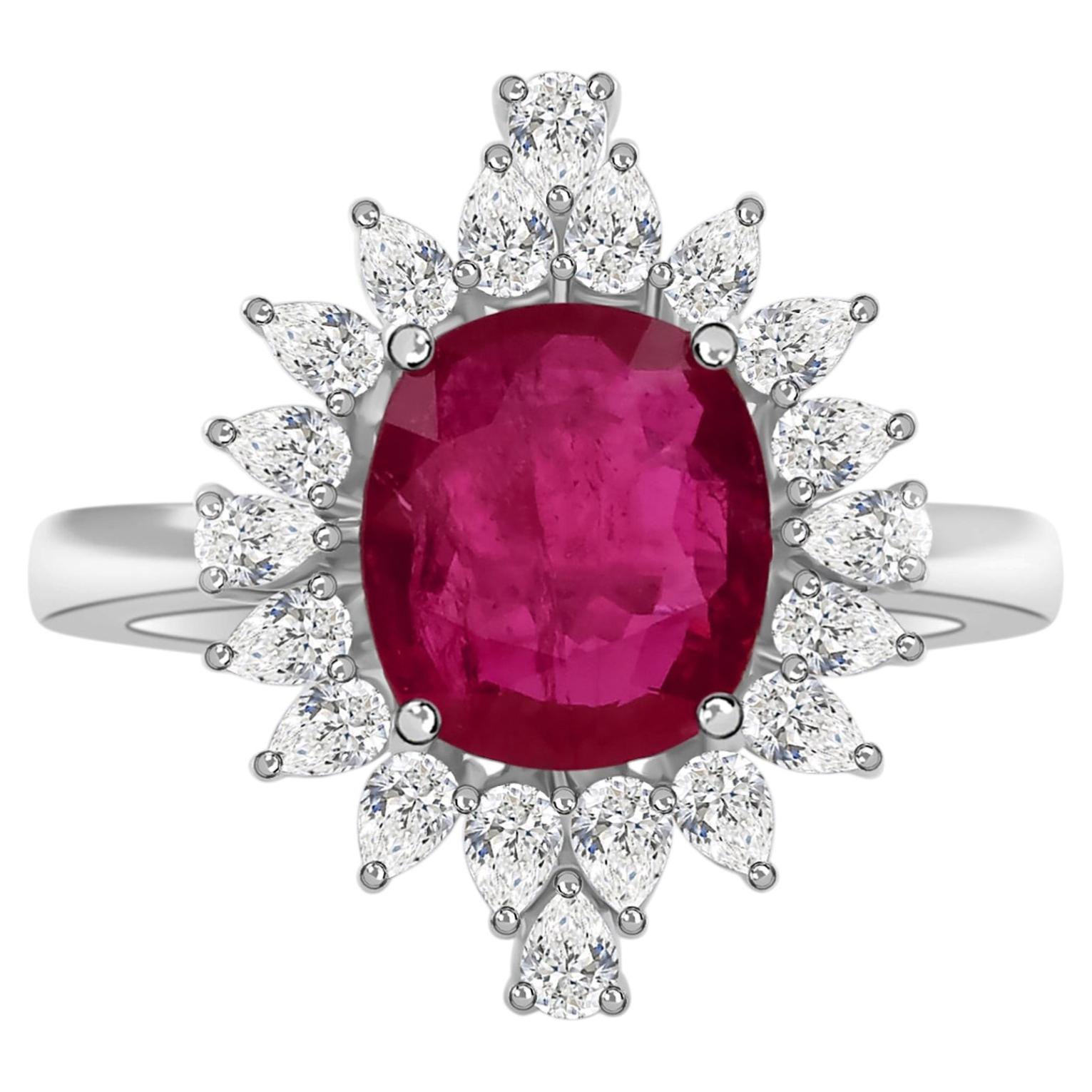 Natural Ruby Diamond Halo Ring 1.79 Ct Ruby 18K White Gold Fine Jewelry