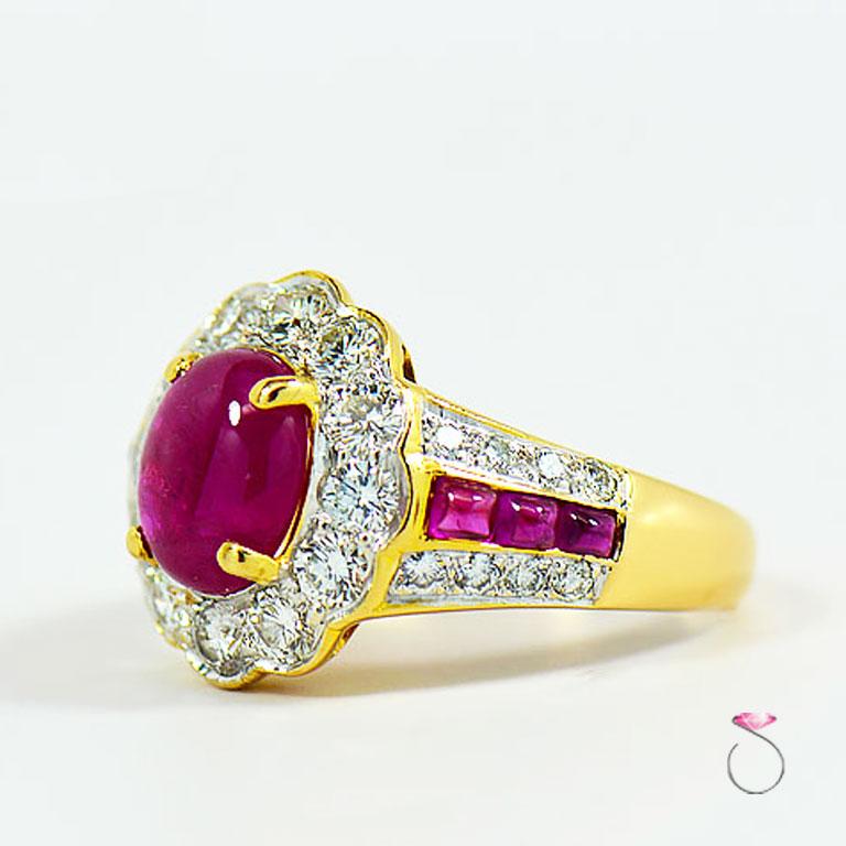 Oval Cut Natural Ruby Diamond Halo Ring in 18k Yellow Gold, With GIA Gem Report. 2.42 CT. For Sale