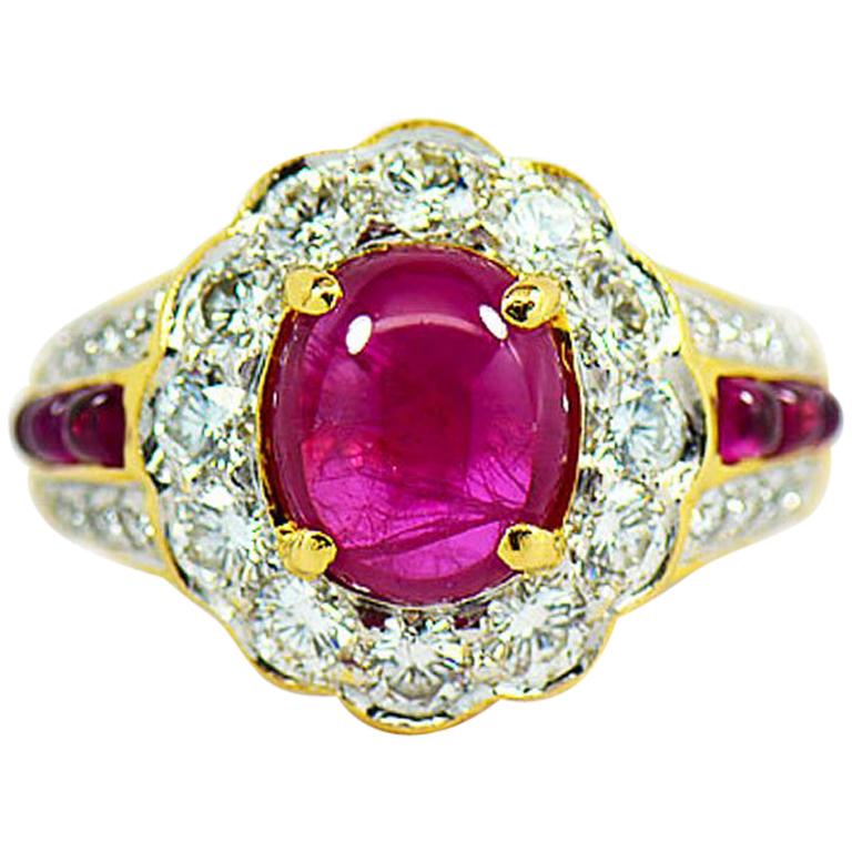 Natural Ruby Diamond Halo Ring in 18k Yellow Gold, With GIA Gem Report. 2.42 CT.