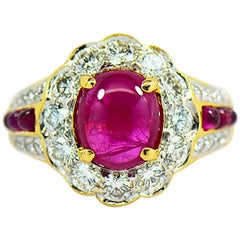 Retro Natural Ruby Diamond Halo Ring in 18k Yellow Gold, With GIA Gem Report. 2.42 CT.