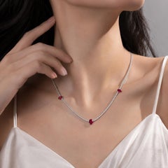 Collar de Diamantes Rubí Natural Oro Blanco 18K Solitario Ovalado Cadena de Tenis