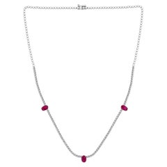 Collar de Diamantes Rubí Natural Oro Blanco 18K Solitario Ovalado Cadena de Tenis