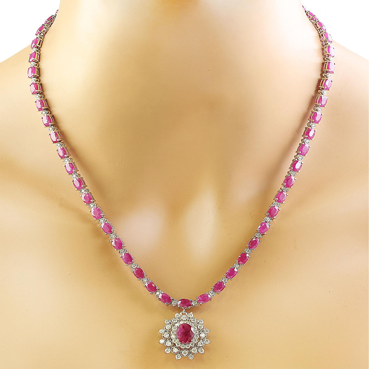 Oval Cut Natural Ruby Diamond Necklace in 14 Karat Solid White Gold  For Sale