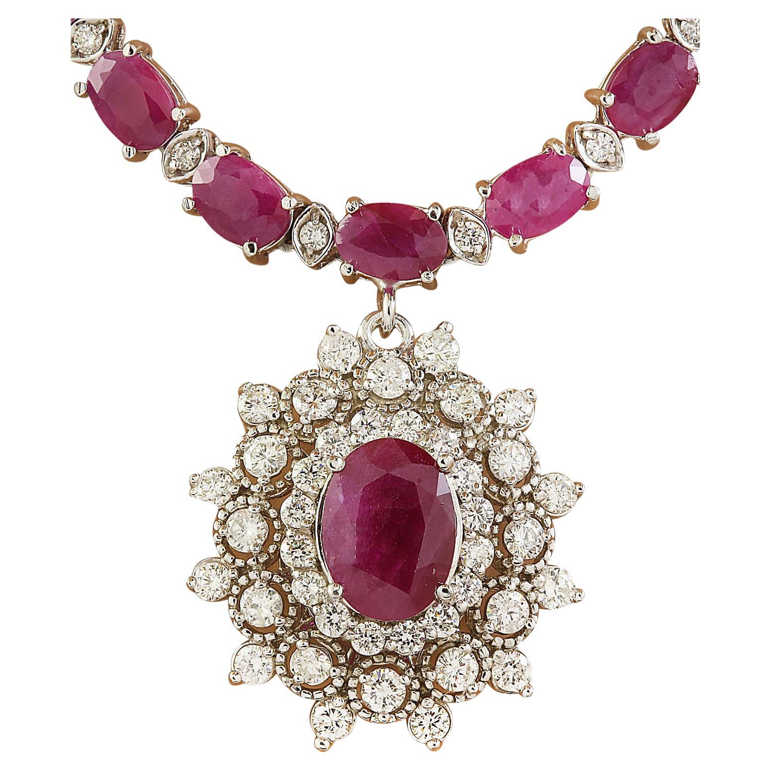 Natural Ruby Diamond Necklace in 14 Karat Solid White Gold  For Sale