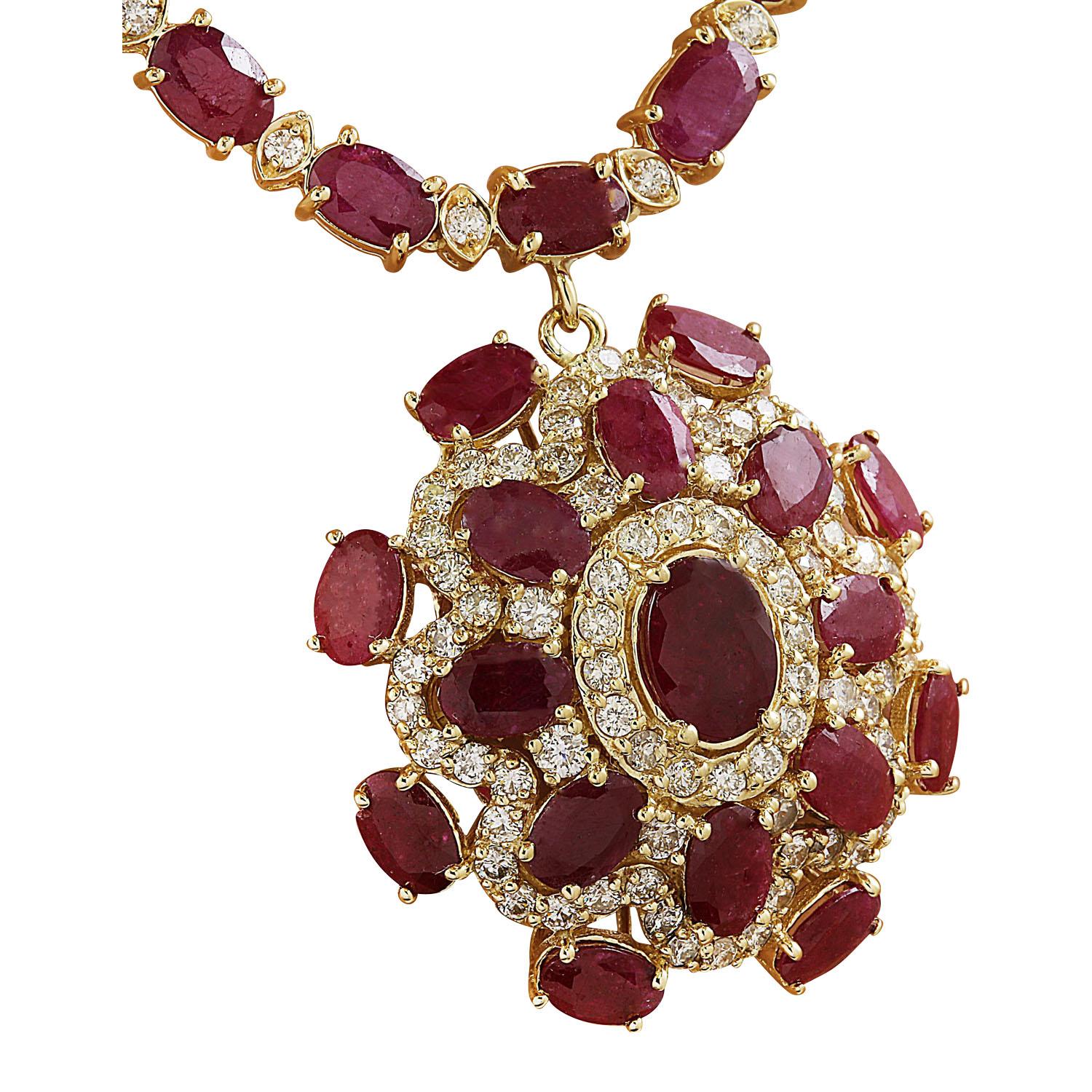 43.35 Carat Natural Ruby 14 Karat Solid Yellow Gold Diamond Necklace
Stamped: 14K
Total Necklace Weight: 32.8 Grams
Necklace Length: 18 Inches
Center Ruby Weight: 0.90 Carat (8.00x6.00 Millimeters)
Side Ruby Weight: 39.05 (6.00x4.00