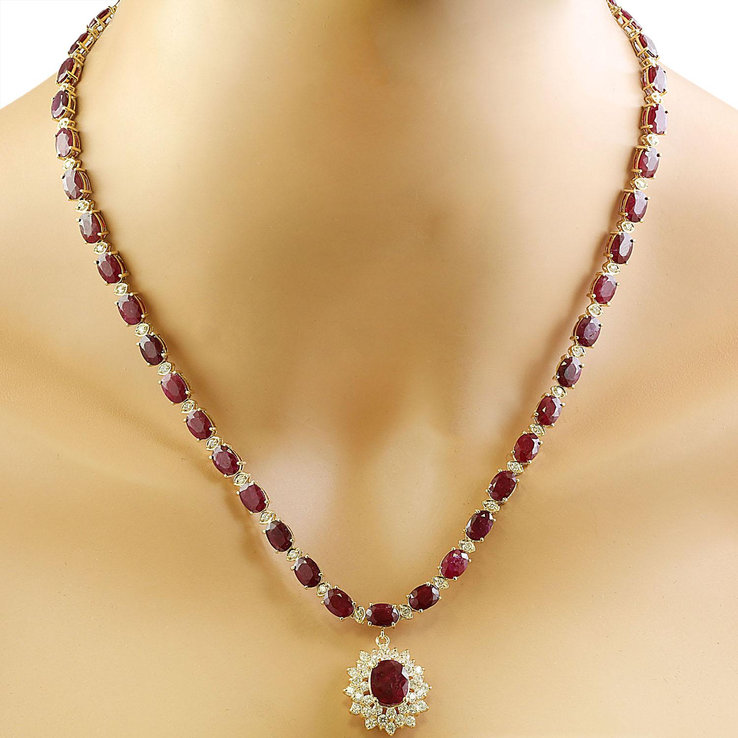 46.40 Carat Natural Ruby 14 Karat Solid Yellow Gold Diamond Necklace
Stamped: 14K
Total Necklace Weight: 30.8 Grams
Necklace Length: 18.5 Inches
Center Ruby Weight: 2.20 Carat (10.00x8.00 Millimeters)
Side Ruby Weight: 41.00 Carat (6.00x4.00